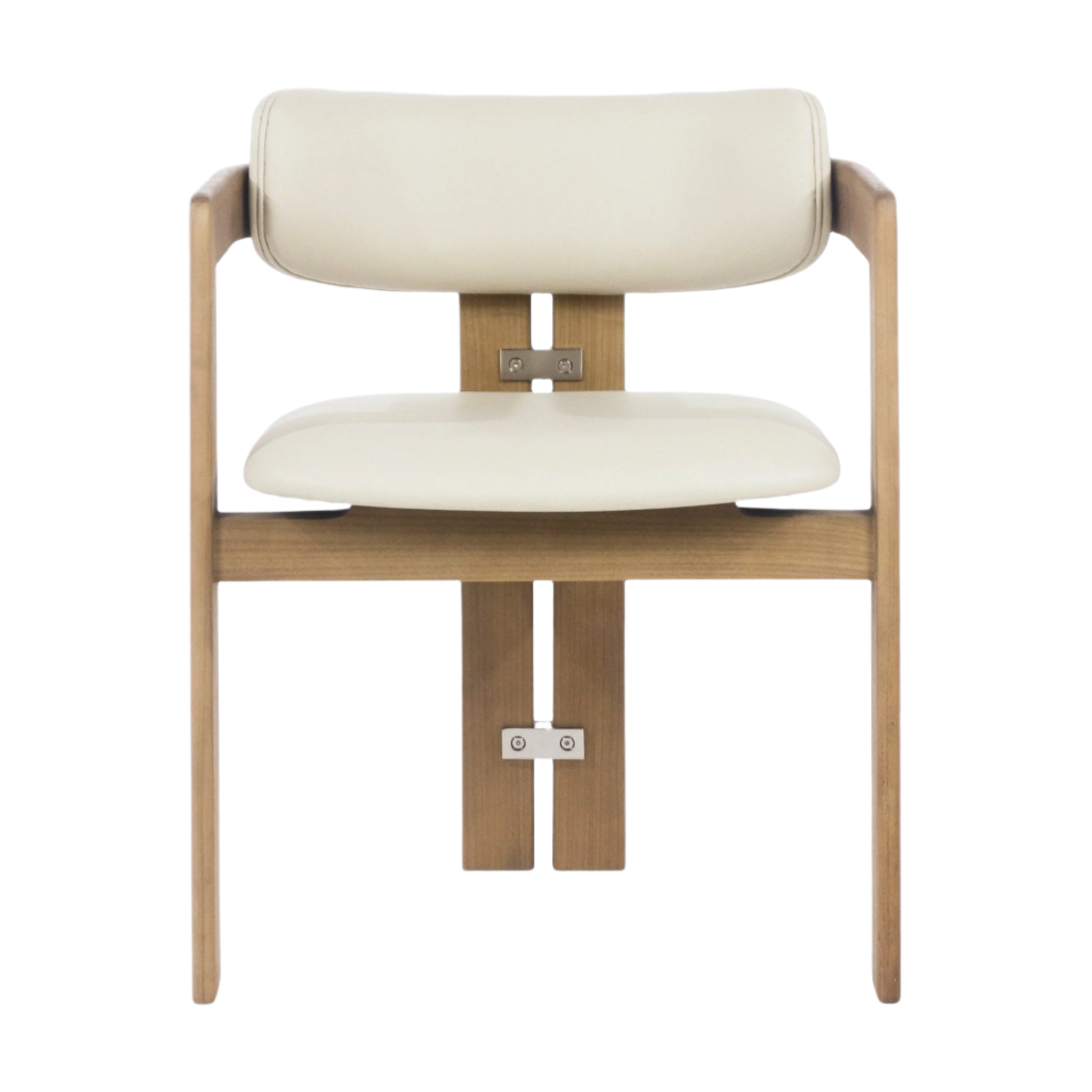 Front view of a mid-century modern teak dining chair with beige leather-upholstered seat and back, curved wooden arms and visible stainless-steel bracket hardware on a white background.