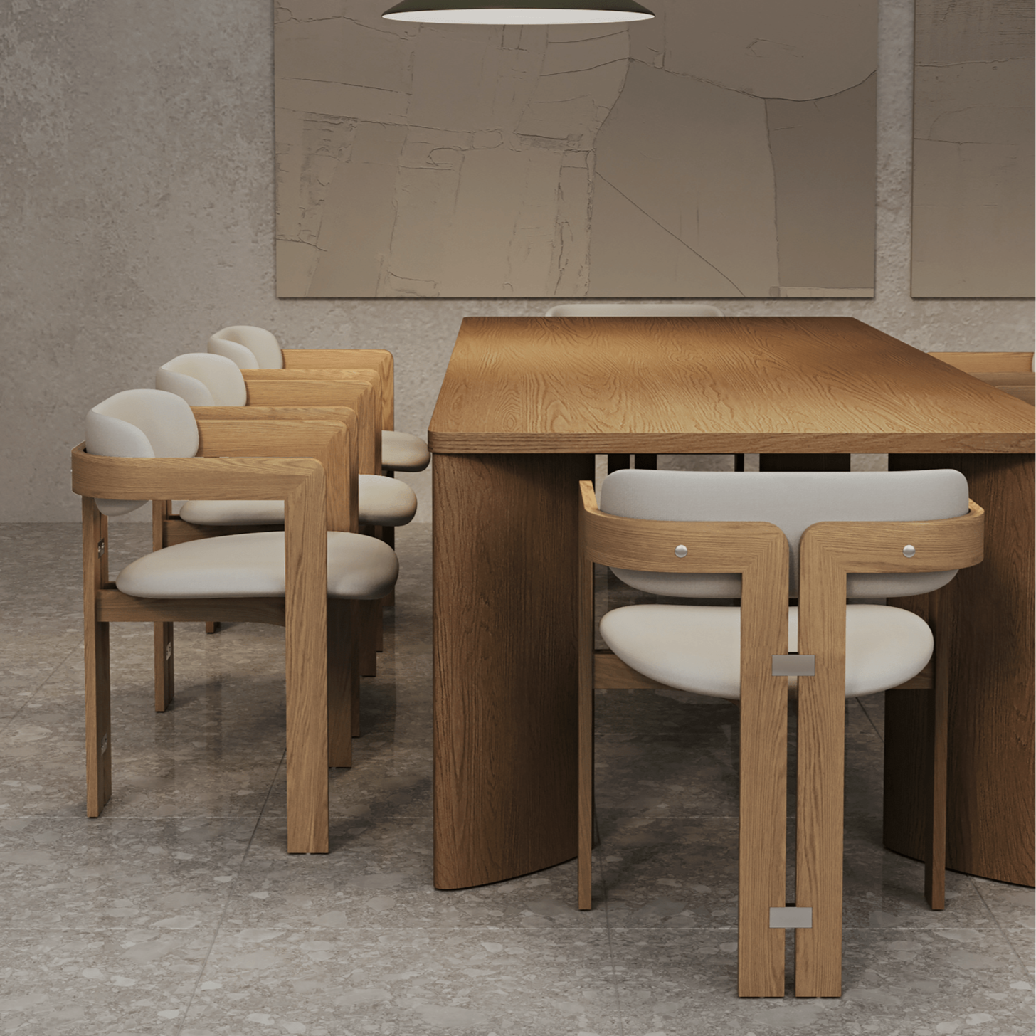 Teak wood dining chairs with beige leather-upholstered seats and curved wooden arms with metal hardware, arranged along a matching teak dining table in a minimalist neutral dining room.