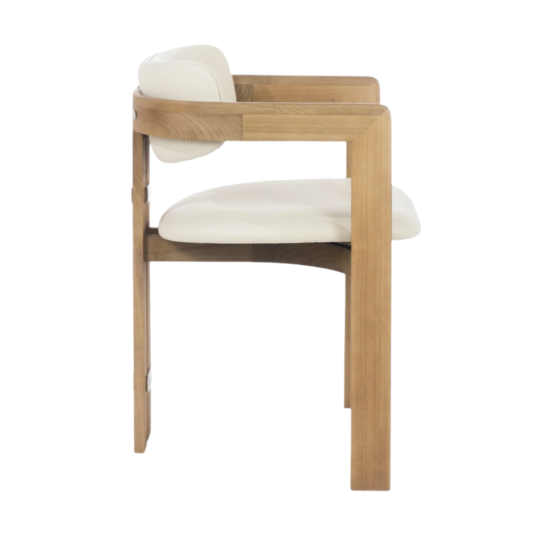 Side view of a mid-century modern dining chair with a teak wood frame and beige leather upholstered cushioned seat and low backrest, curved integrated arms and square legs on a white background.