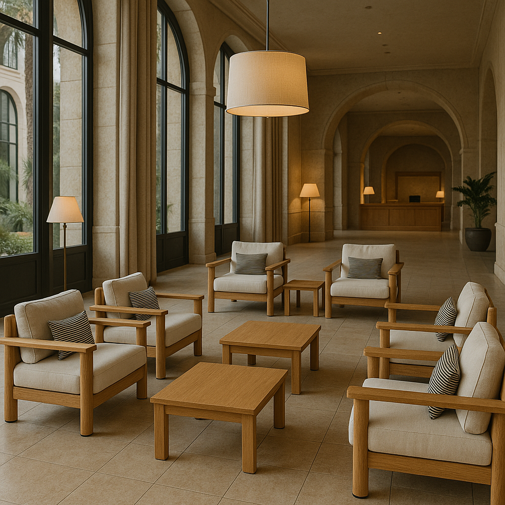 Group of teak-framed club chairs with beige cushions and striped throw pillows arranged around low teak coffee tables in a neutral, arched-window lobby with pendant lighting.