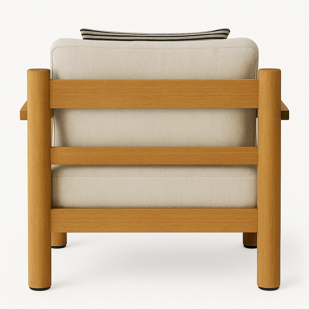 Rear view of a teak-framed outdoor club chair with beige all-weather cushions and a slim striped lumbar pillow, highlighting horizontal teak slats and rounded teak legs.