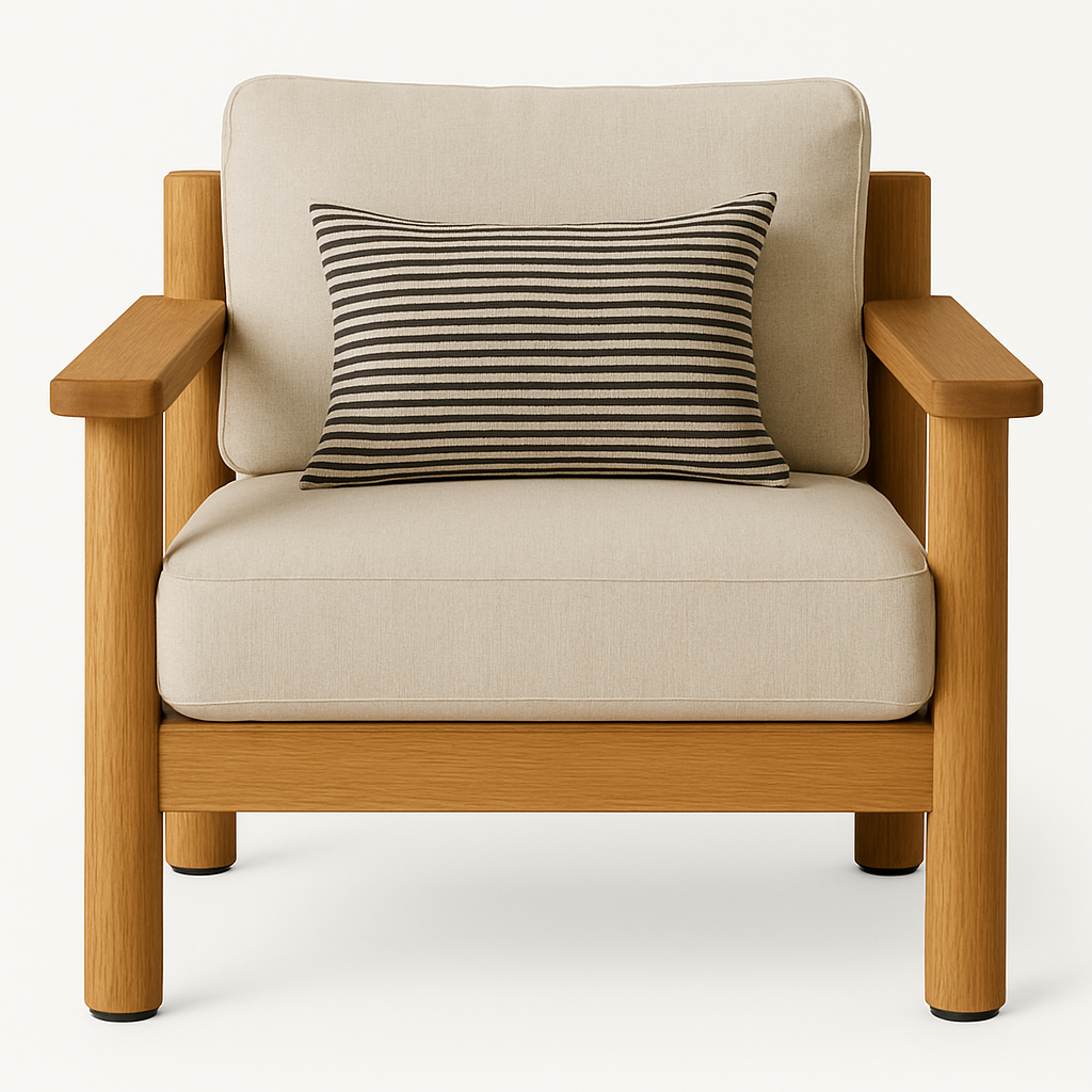 Front view of a coastal-style teak club chair with a solid teak frame, beige all-weather seat and back cushions, and a black-and-beige striped lumbar pillow.