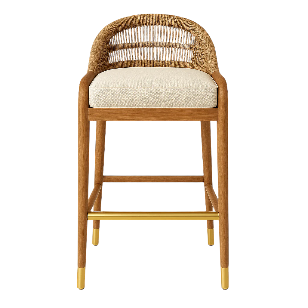 Front view of a teak bar stool with a woven natural rope back, cream boucle seat cushion, tapered wooden legs and a brass-finish footrest with brass leg caps.