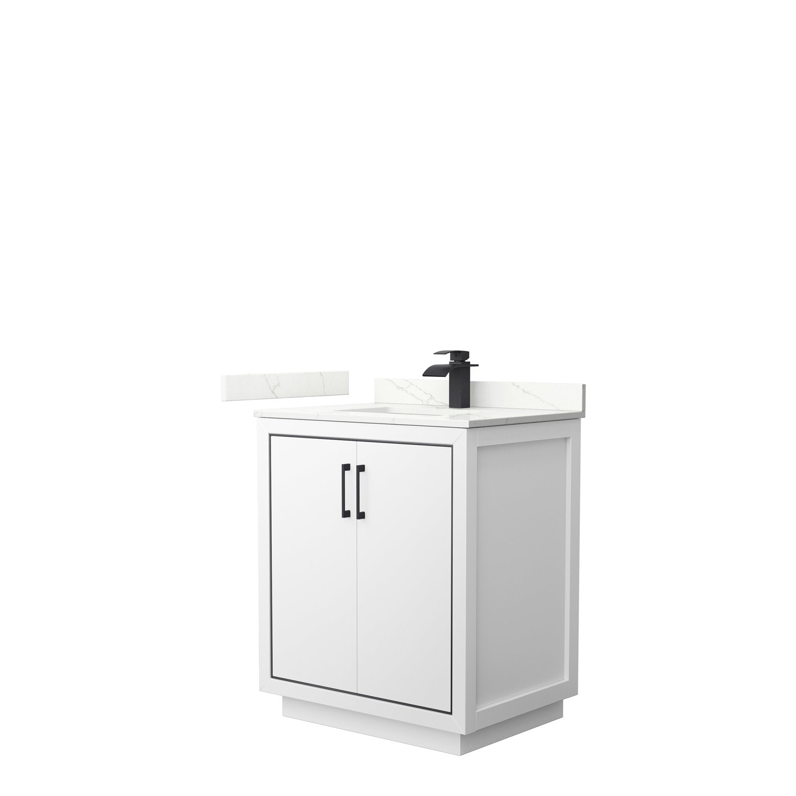 30-inch modern freestanding single-sink bathroom vanity in white solid wood with a stone-look countertop and integrated ceramic sink, styled with a matte-black faucet and matching black handles.