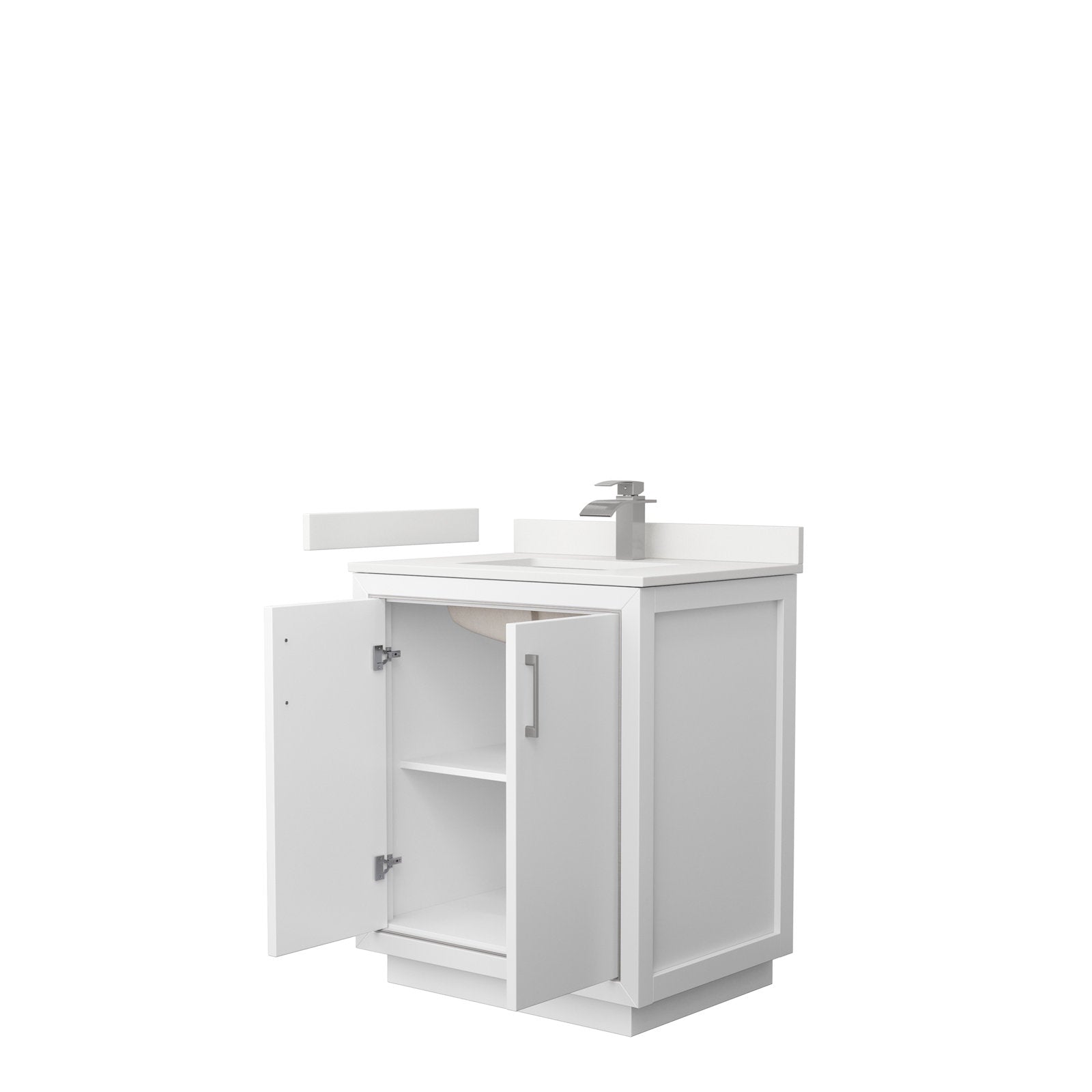 Modern solid wood 30-inch freestanding bathroom vanity in stone finish with integrated white ceramic sink and single chrome faucet; double doors open to reveal one interior shelf and recessed toe-kick.