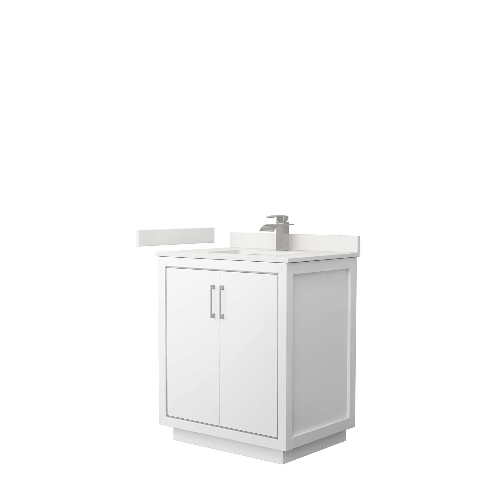 30-inch modern solid wood bathroom vanity in stone finish with an integrated stone top and sink, two-door cabinet with vertical brushed-nickel handles, rectangular single-handle faucet and short backsplash.