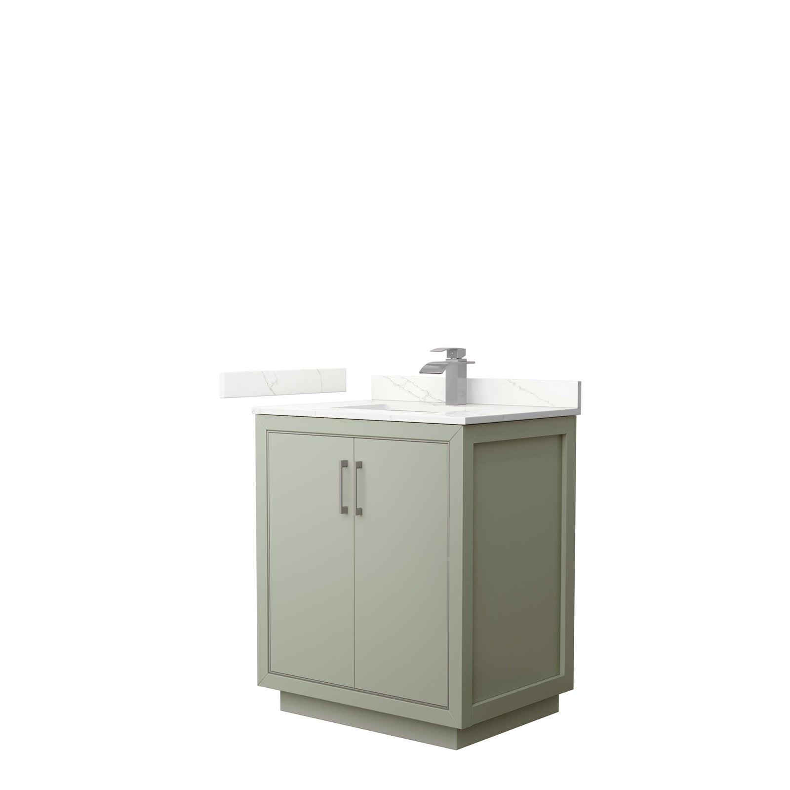 30-inch solid wood freestanding single-sink bathroom vanity in stone finish with white stone countertop and backsplash, integrated ceramic sink, brushed-nickel bar handles and contemporary single-handle faucet.