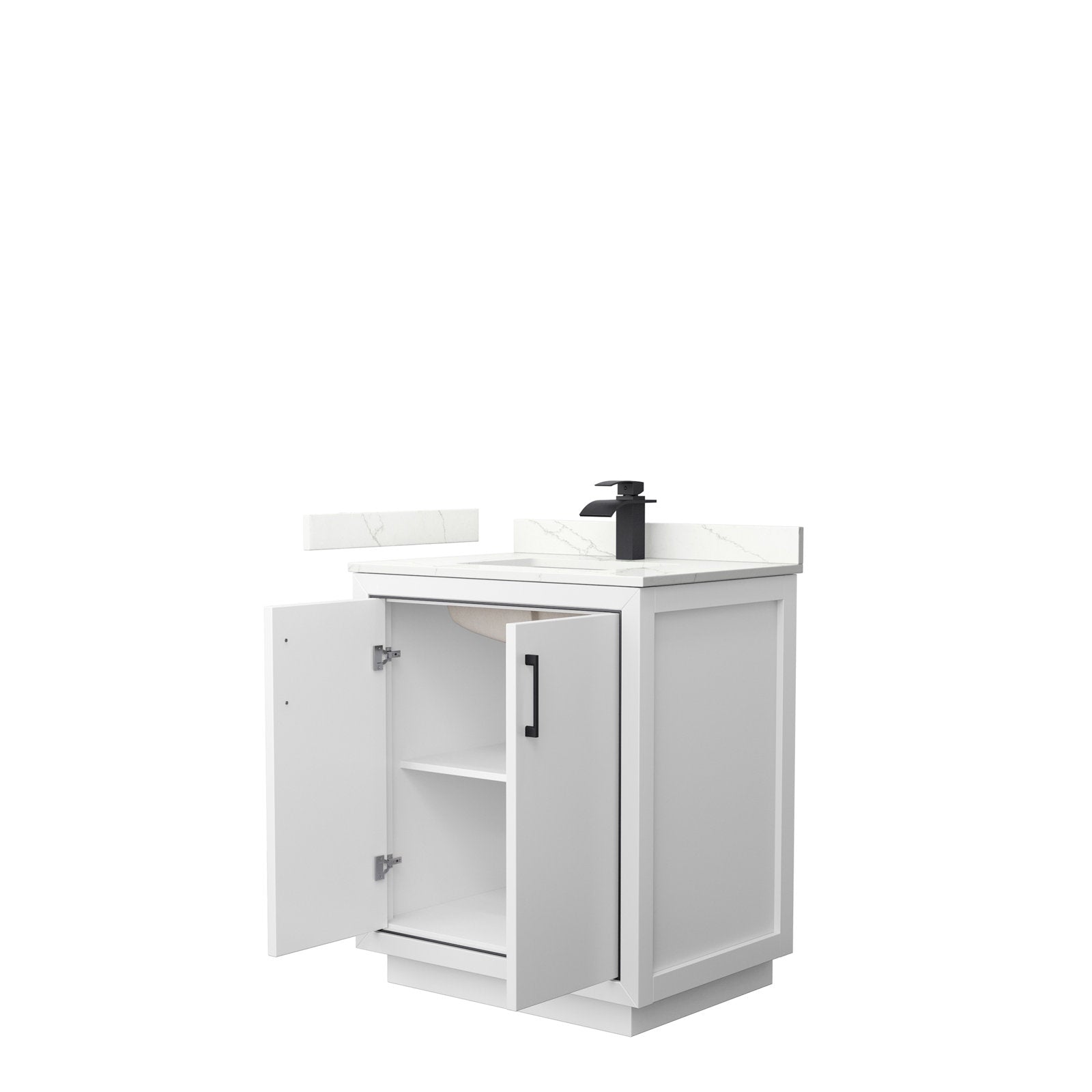 Modern solid wood 30-inch single-sink bathroom vanity in stone finish with a white stone countertop and backsplash, open cabinet doors revealing an interior shelf, and a matte black single-handle faucet.