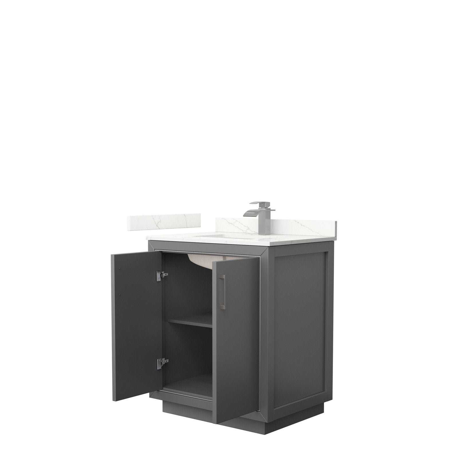 30-inch modern solid wood bathroom vanity in stone finish with a white stone countertop and integrated ceramic sink; double doors open to an internal shelf and plumbing cutout, shown with a single-handle metal faucet.