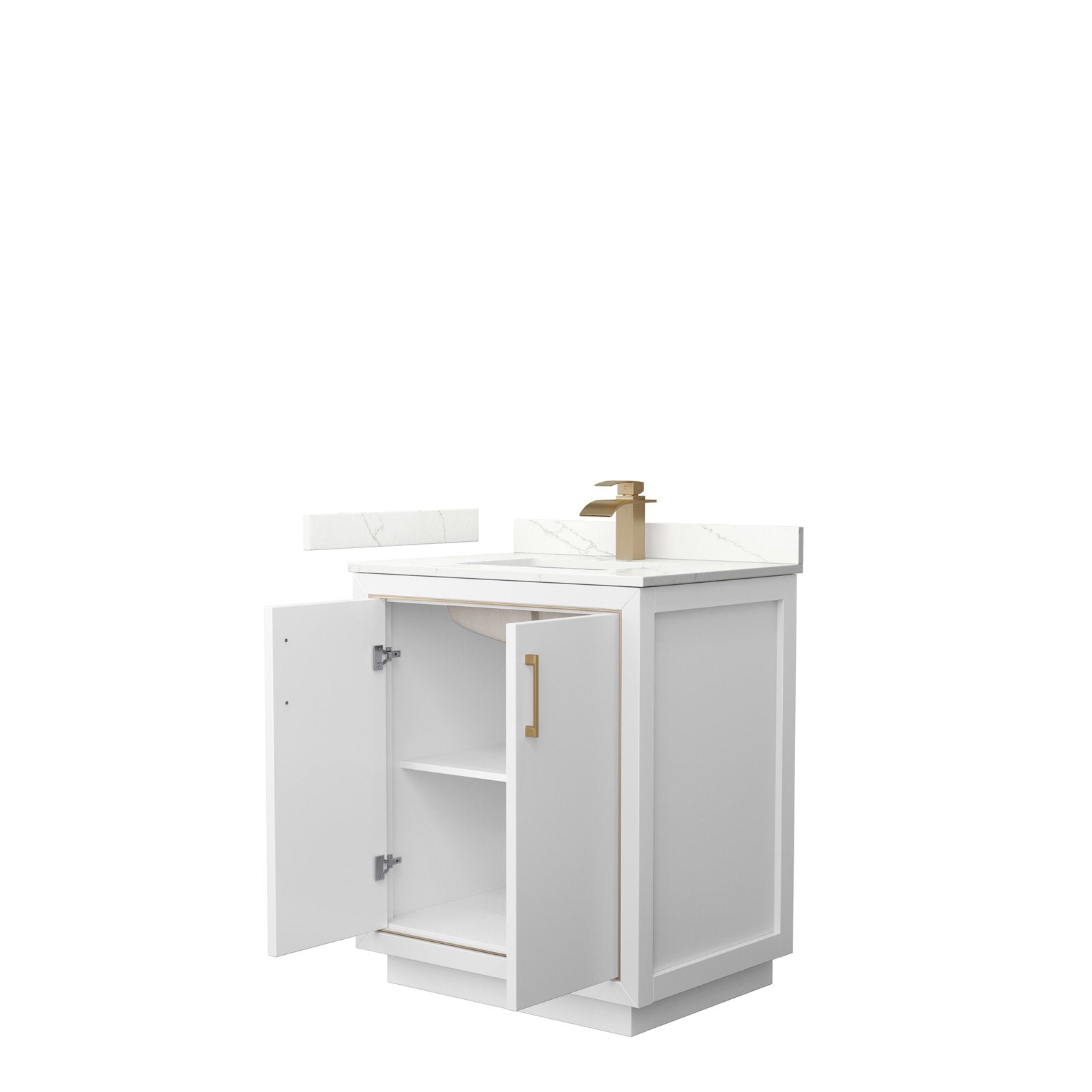30-inch modern solid wood single-sink bathroom vanity in stone finish with white veined stone top and backsplash, open cabinet doors revealing an interior shelf, plus a brushed gold faucet and matching handle.