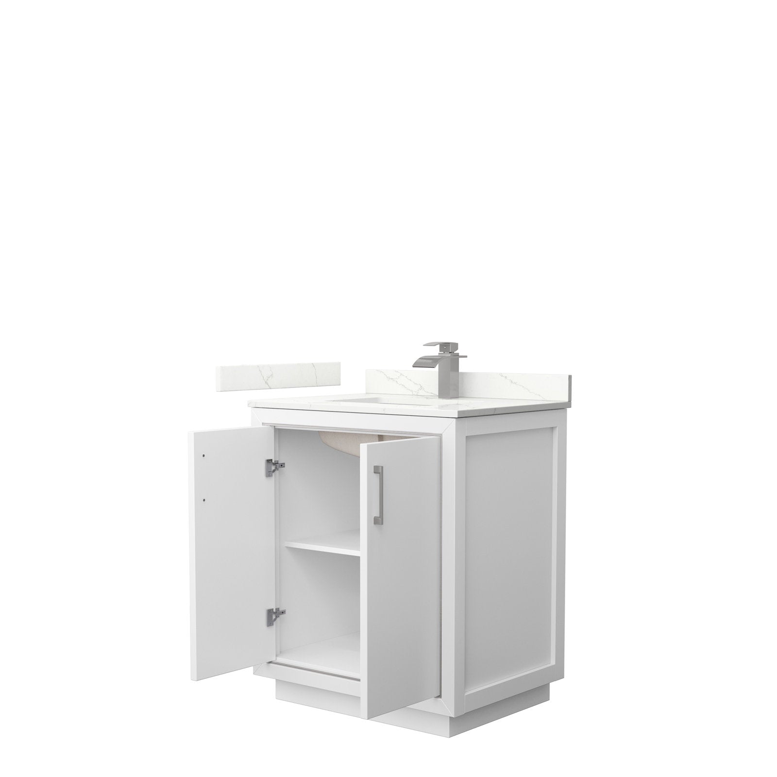 Freestanding modern solid wood 30-inch bathroom vanity in stone finish with white stone countertop and backsplash, open double doors revealing an interior shelf and under-mount ceramic sink with brushed-nickel faucet.