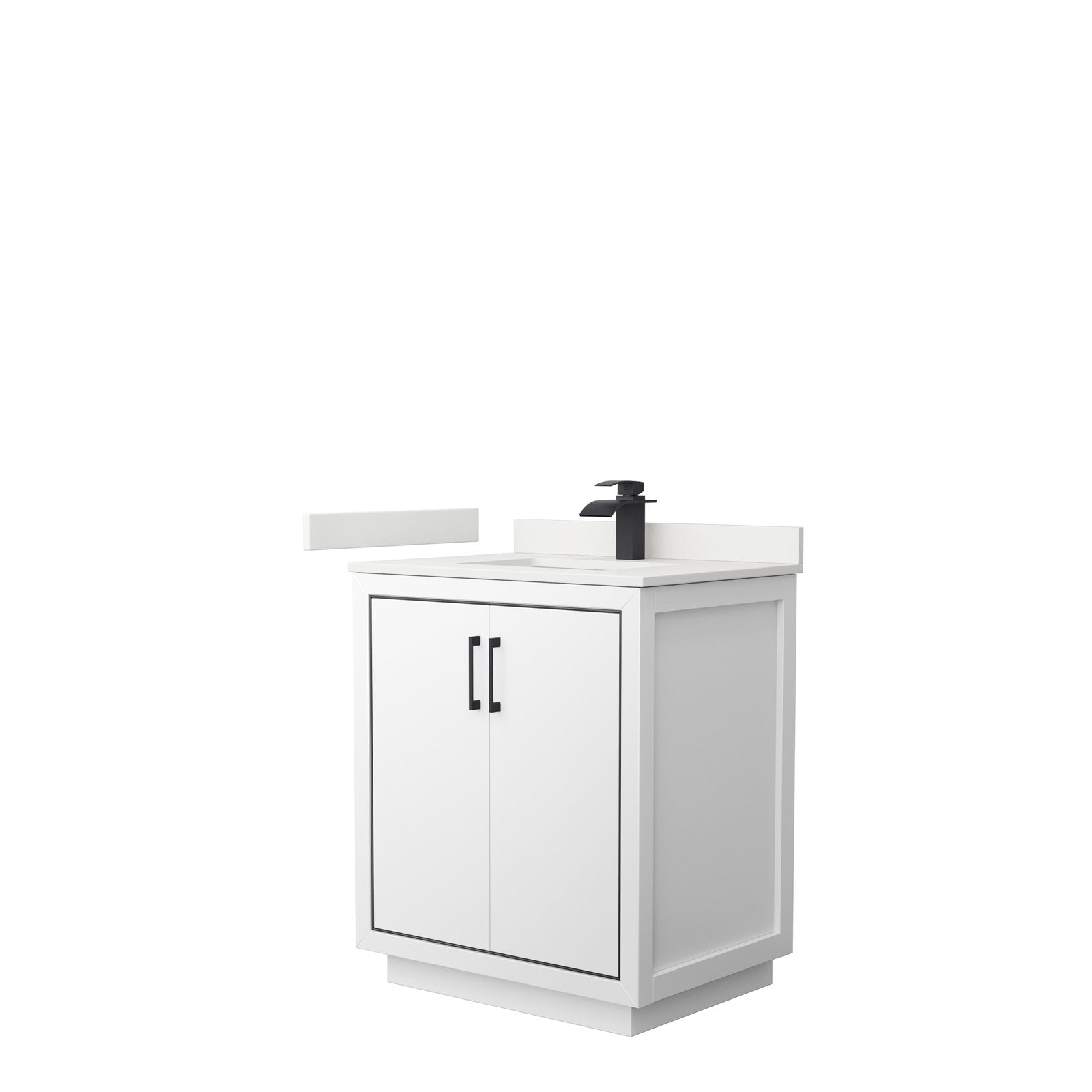 Freestanding 30-inch modern solid wood bathroom vanity in stone finish with a stone countertop and integrated rectangular sink, matte black single-handle faucet and matching black handles on a two-door storage cabinet.
