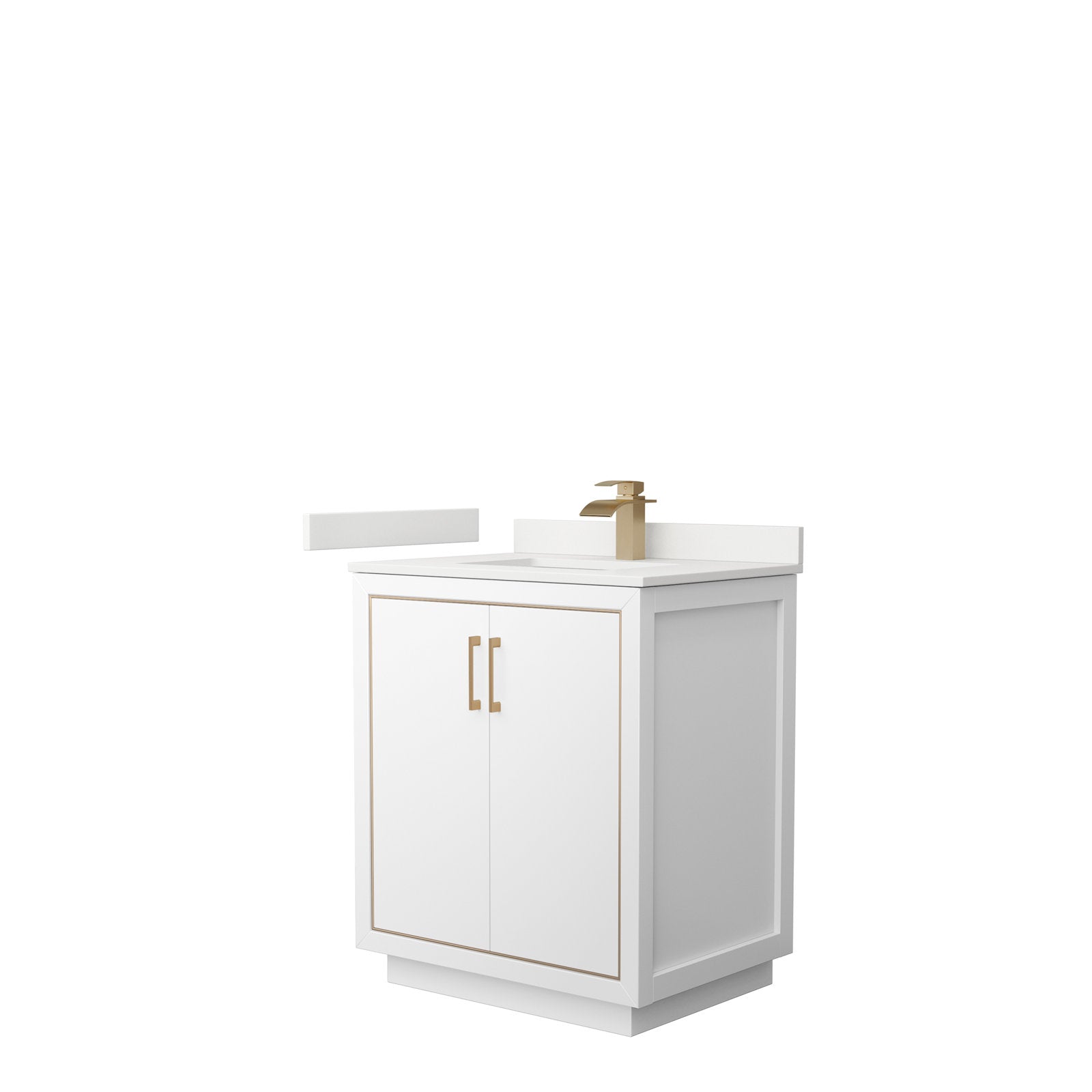 Freestanding 30-inch modern solid wood single-sink bathroom vanity with stone countertop and integrated rectangular sink, white painted cabinet with two soft-close doors, and metallic gold faucet and matching handles.