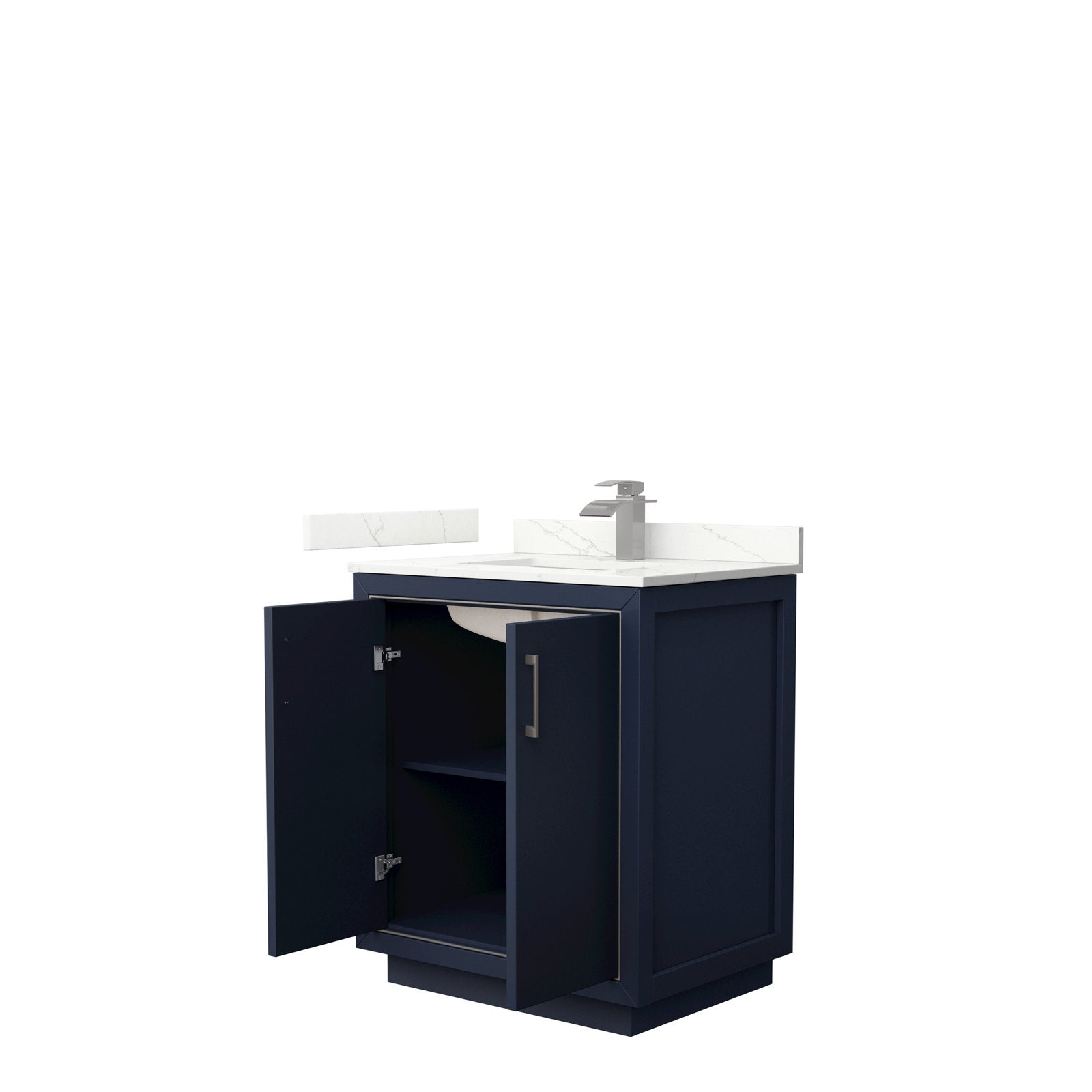 30-inch modern solid wood bathroom vanity in dark navy finish with a white stone countertop and integrated ceramic sink, single-hole brushed-nickel faucet, and two open cabinet doors revealing an interior shelf.