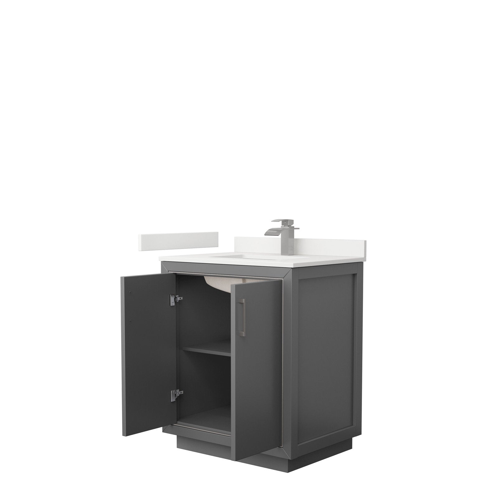Modern 30-inch solid wood bathroom vanity in stone gray with a white stone top and integrated ceramic sink, single chrome faucet, and open cabinet doors revealing an interior shelf.
