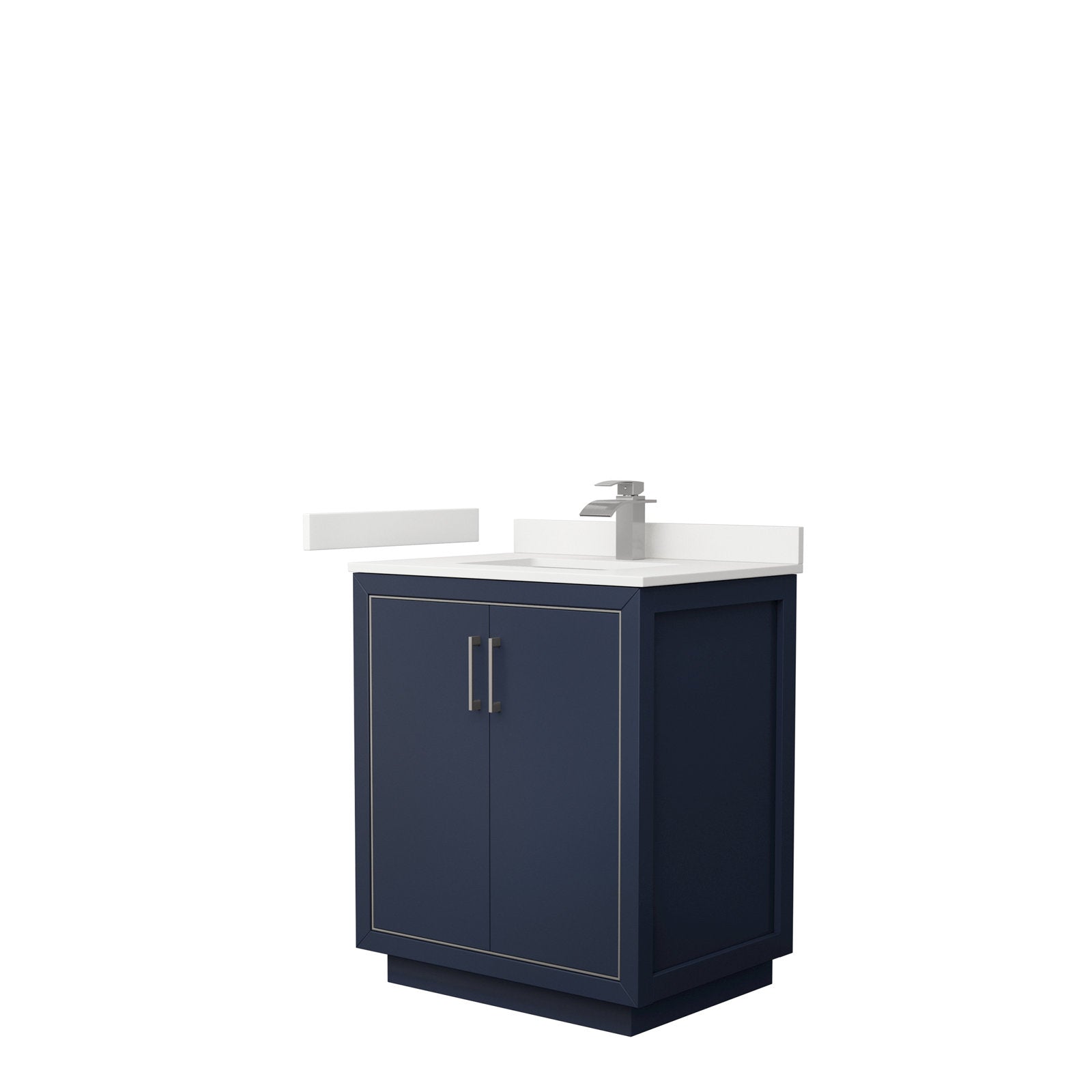 Modern navy solid-wood bathroom vanity with a white stone top, integrated single sink and brushed-nickel faucet; freestanding two-door cabinet with recessed panels and metal bar handles.