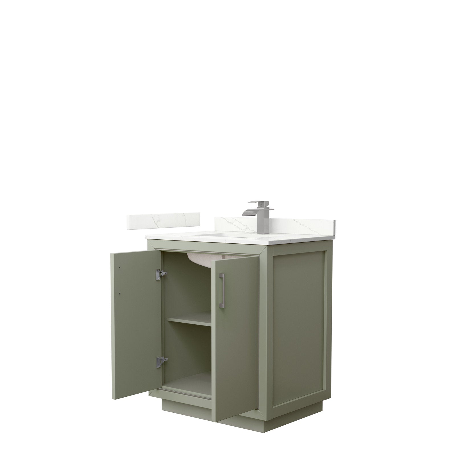 Modern 30-inch solid wood single-sink bathroom vanity in stone finish with a white stone-look top and integrated ceramic basin, single contemporary faucet, and two soft-close cabinet doors opening to an interior shelf for storage.