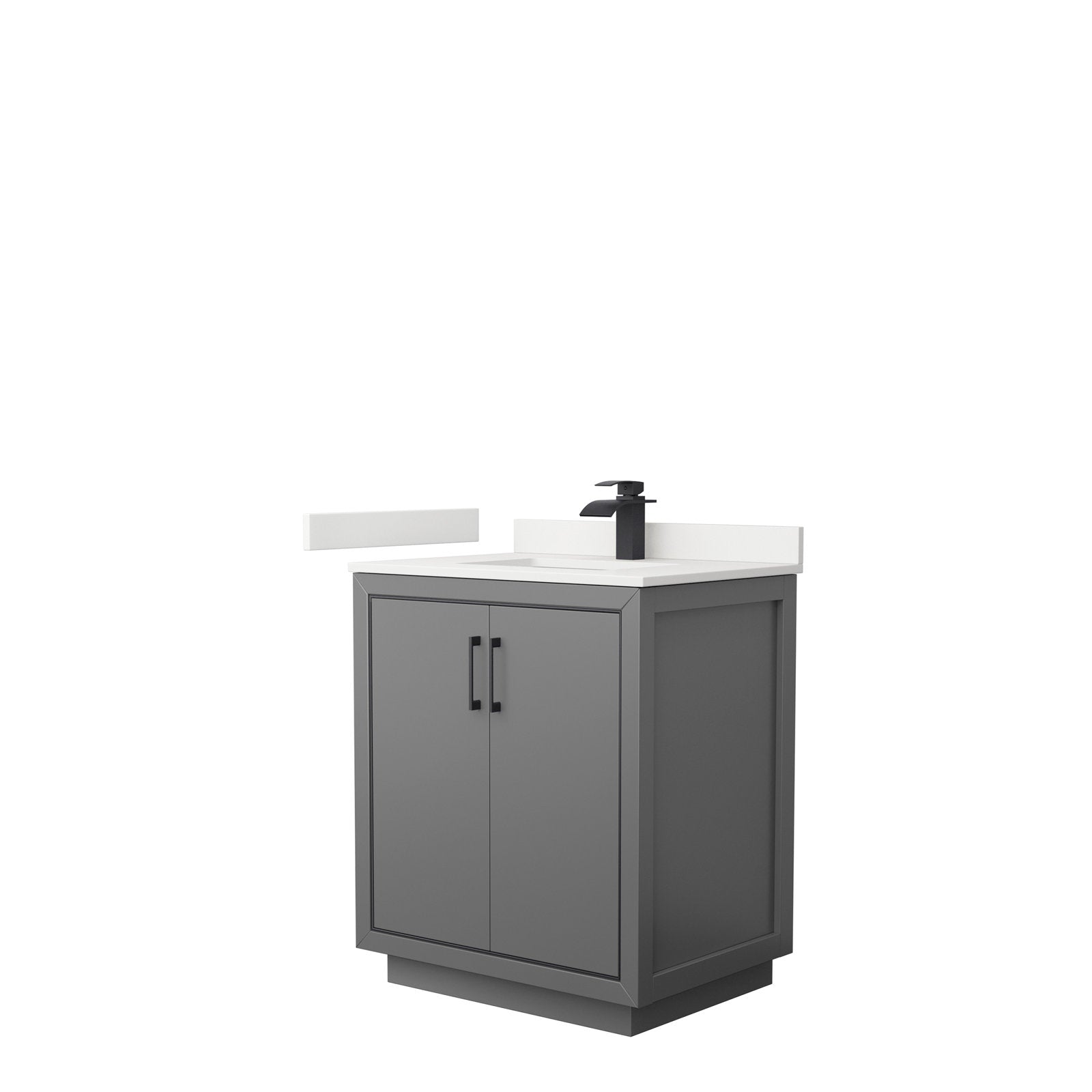 30-inch modern solid wood bathroom vanity in stone finish with white stone countertop, integrated ceramic sink, matte black single-handle faucet and two-door cabinet with black handles.