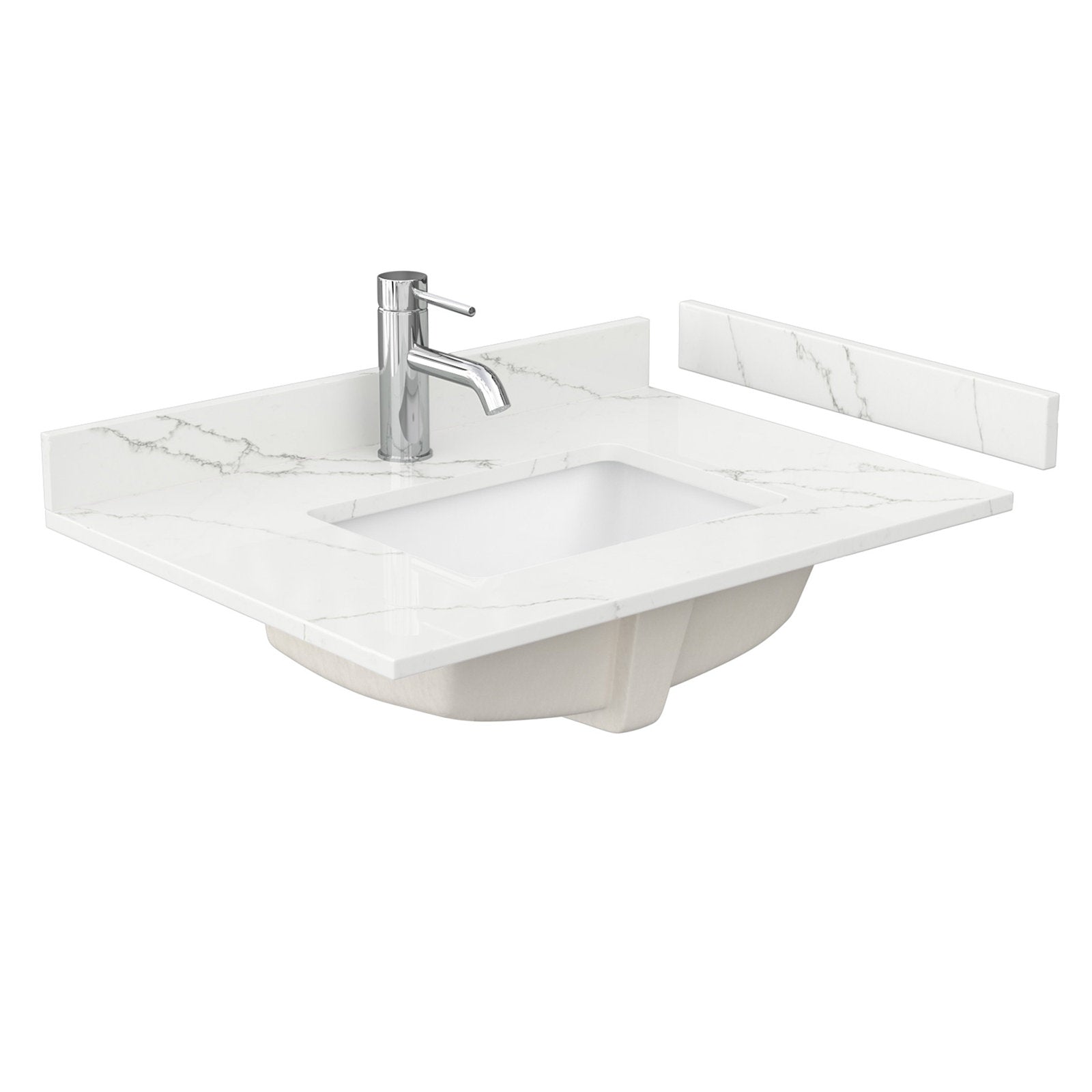 White stone vanity top with subtle gray marble veining, integrated rectangular undermount ceramic sink, single-handle chrome faucet and a separate matching stone backsplash strip.