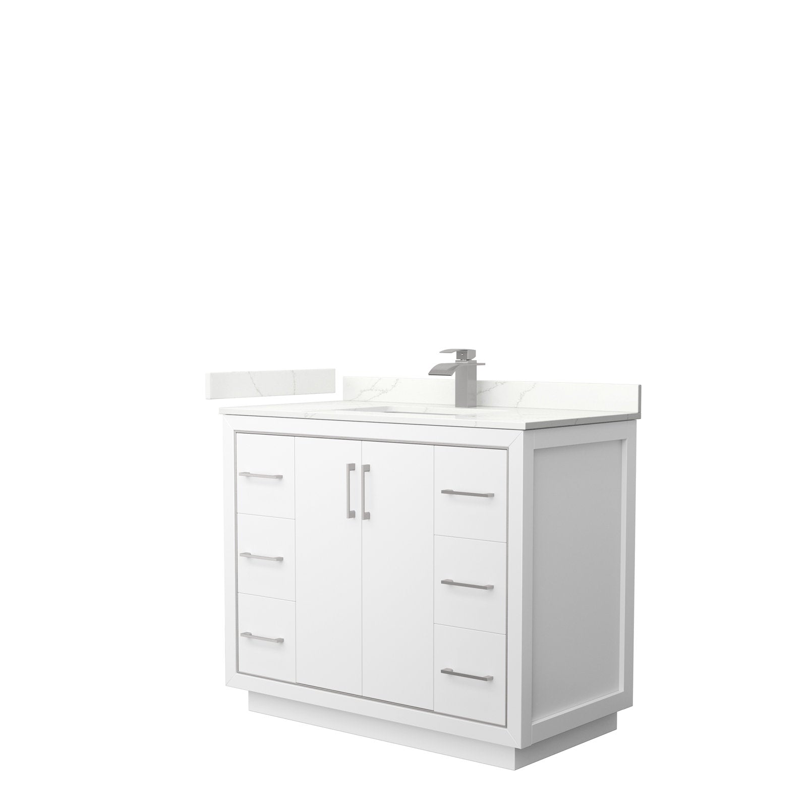 Contemporary 42-inch freestanding solid wood bathroom vanity in stone finish with a white stone top and integrated rectangular sink, brushed-nickel faucet and hardware, two center doors and three drawers per side.