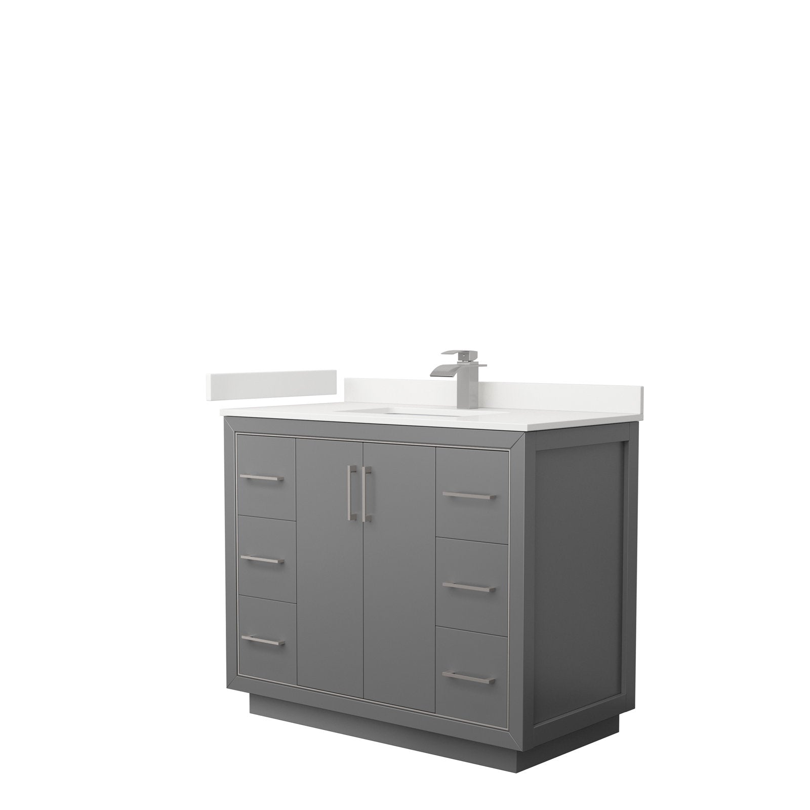Modern 42-inch solid wood bathroom vanity in stone gray with a white stone countertop and integrated single sink, center double doors flanked by three drawers per side, brushed-nickel bar pulls and single-handle faucet.