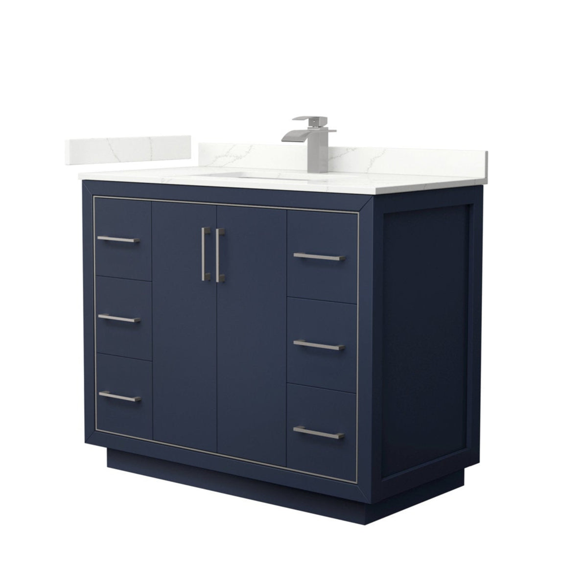 Modern 42-inch solid wood navy bathroom vanity with white stone countertop and backsplash, single sink, brushed nickel faucet and matching metal handles on a freestanding base.