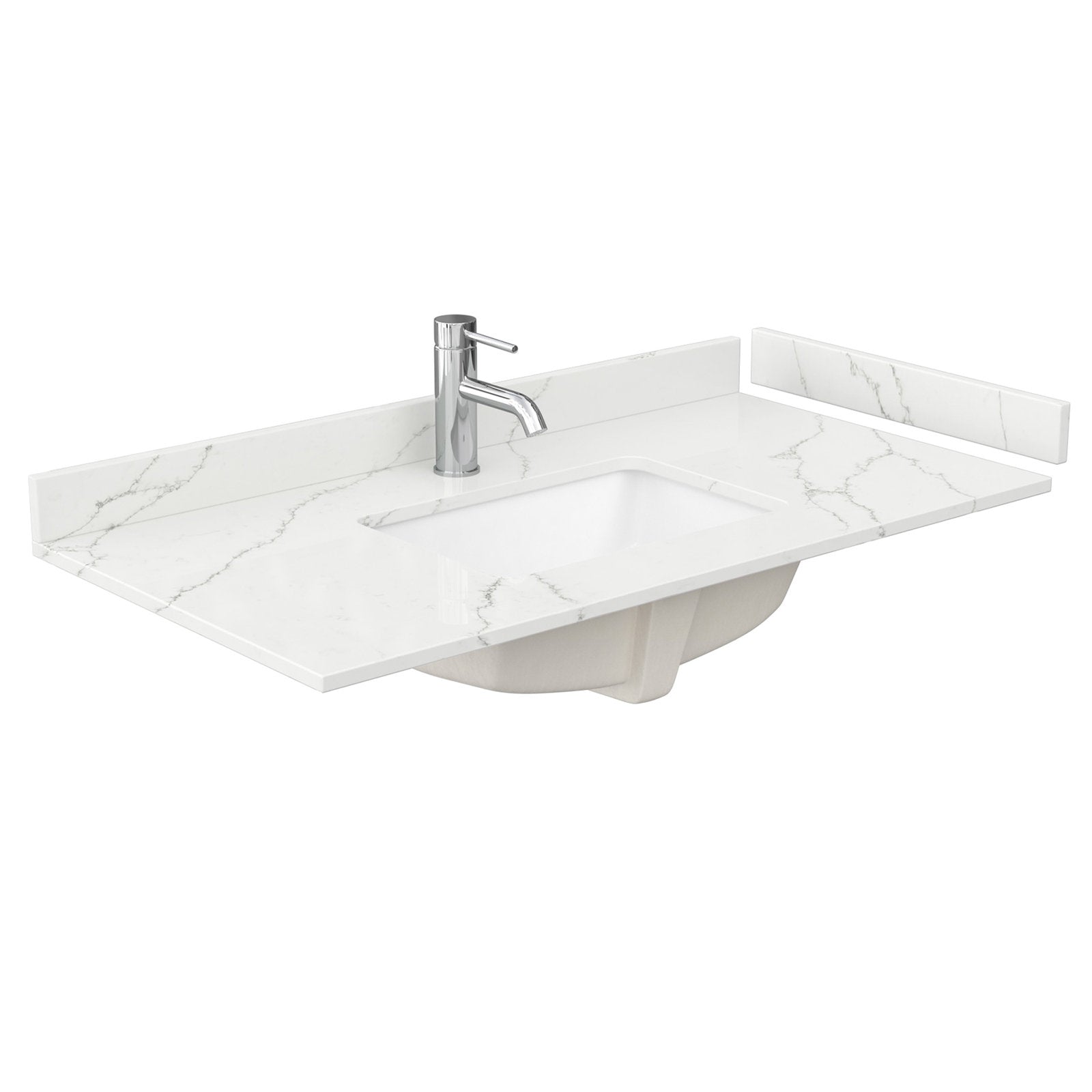 White stone-look quartz vanity top with subtle gray veining, integrated rectangular white ceramic sink, short matching backsplash pieces and a single chrome modern faucet.