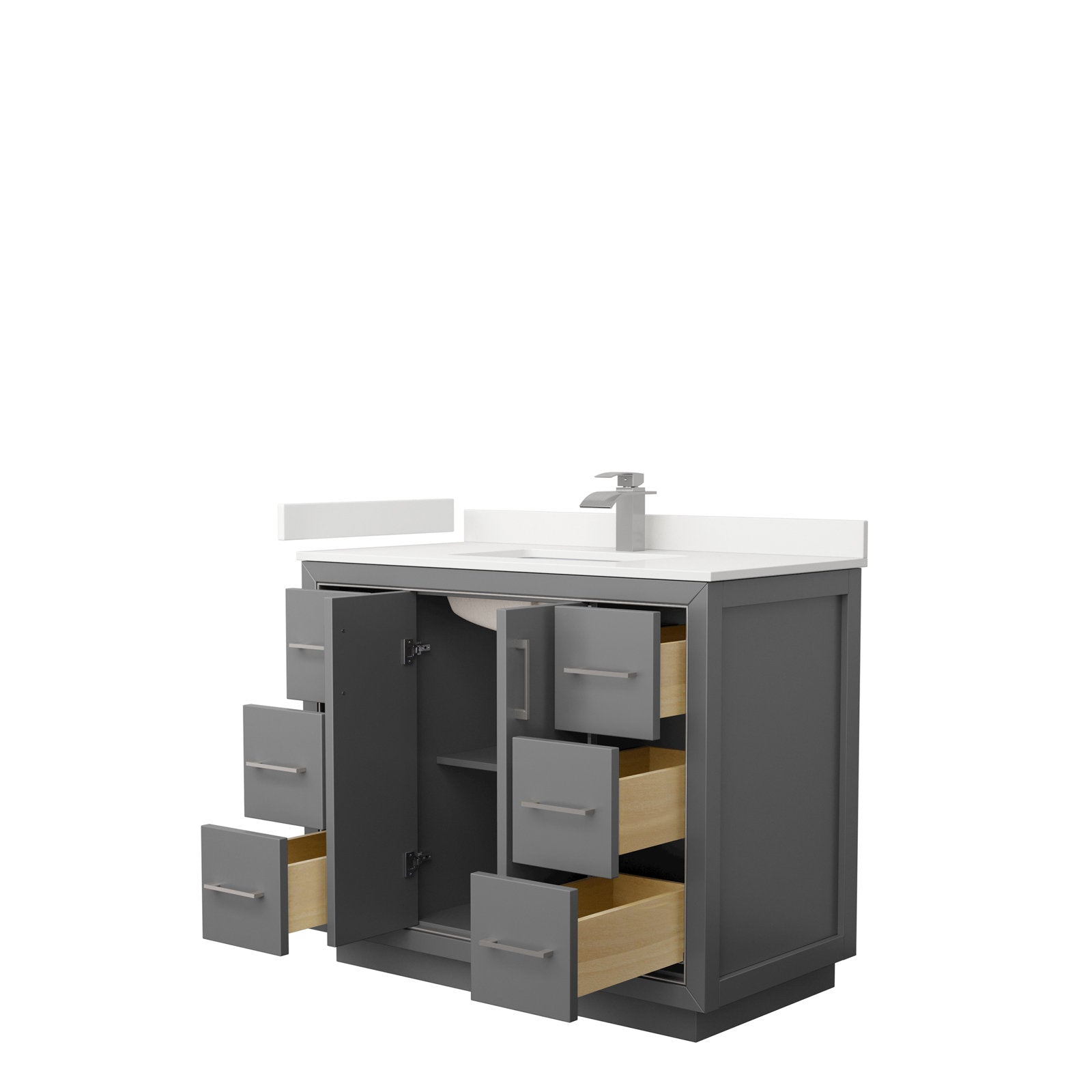 42-inch modern freestanding bathroom vanity with a white stone countertop, integrated single ceramic sink and single-handle metal faucet; gray solid wood cabinet with multiple open drawers showing natural wood interiors.