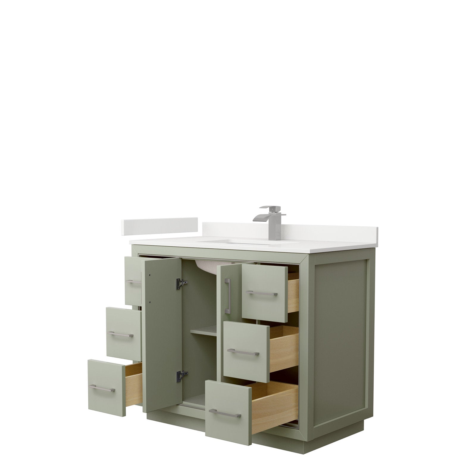 42-inch freestanding single-sink bathroom vanity in stone-colored solid wood with a white stone countertop and integrated rectangular sink, brushed nickel faucet, open center cabinet and six drawers showing natural wood interiors.