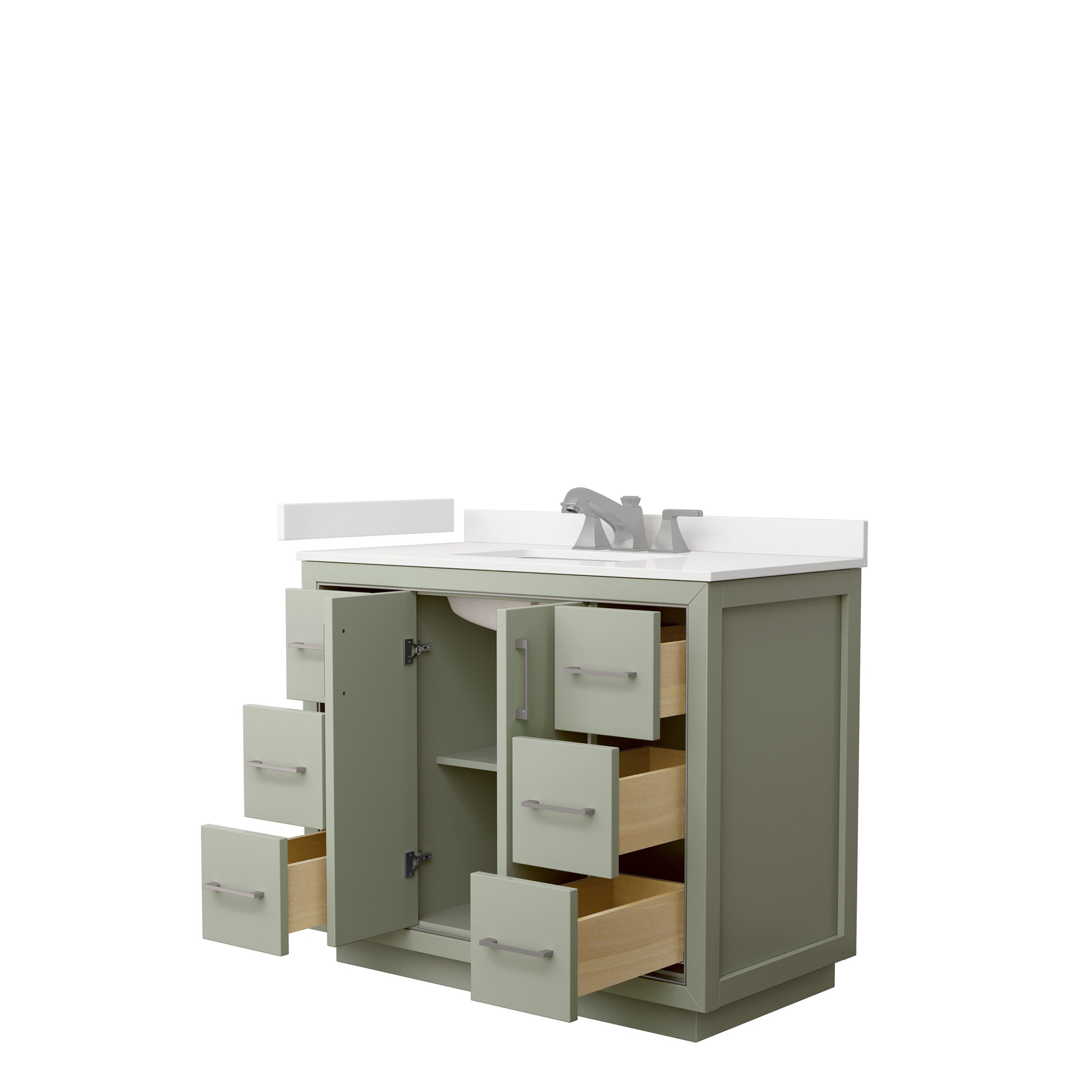 42-inch modern solid wood bathroom vanity with white stone countertop and integrated single sink, chrome faucet, multiple open drawers revealing natural wood interiors, and center cabinet storage.