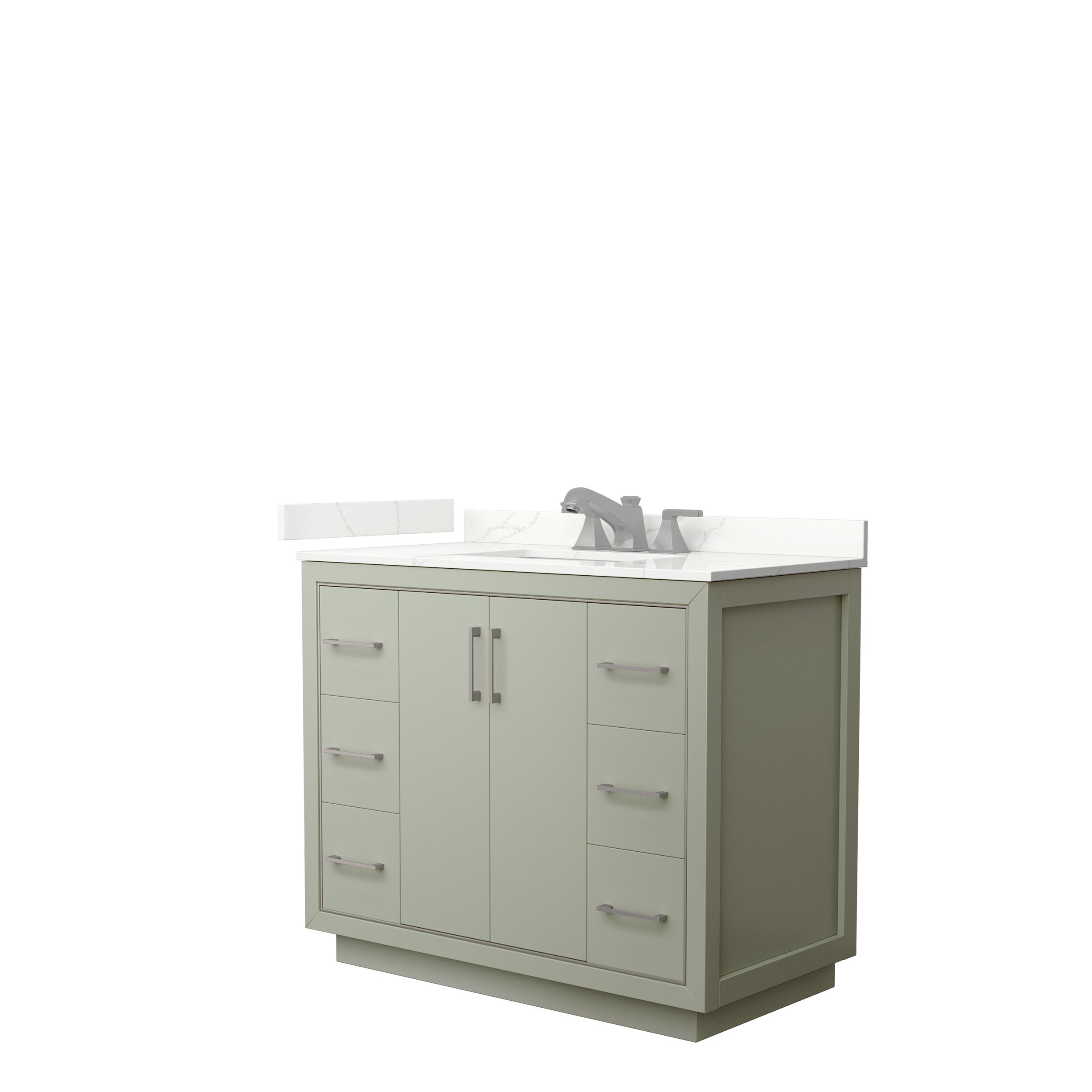 Modern 42-inch solid wood freestanding bathroom vanity in stone finish with white stone countertop and integrated single sink, center double doors and three drawers per side with brushed metal handles.