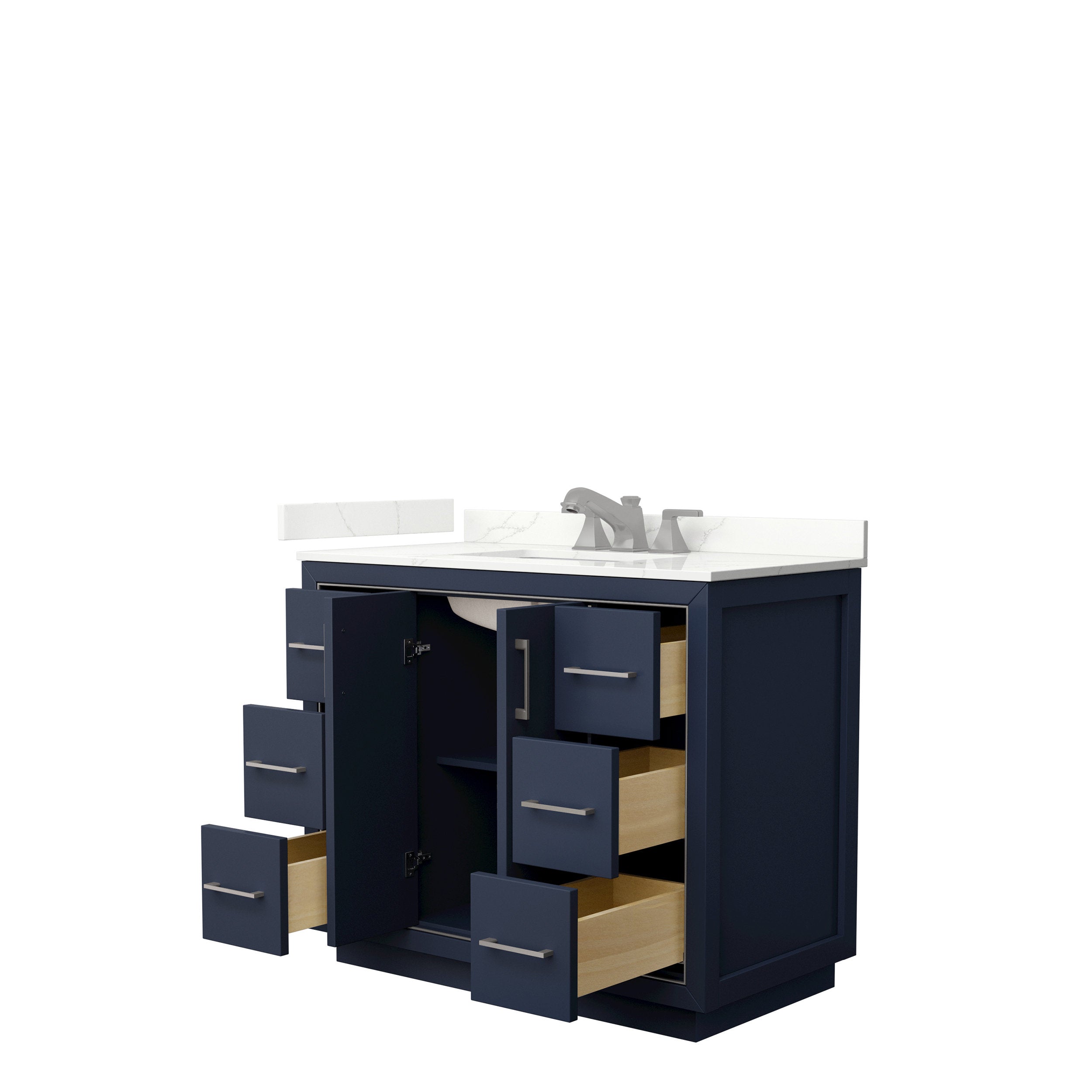 42-inch modern solid wood bathroom vanity with a white stone countertop and integrated single sink, navy-blue painted cabinet, brushed-nickel faucet and hardware, six open drawers and a central storage cabinet showing wood interiors.