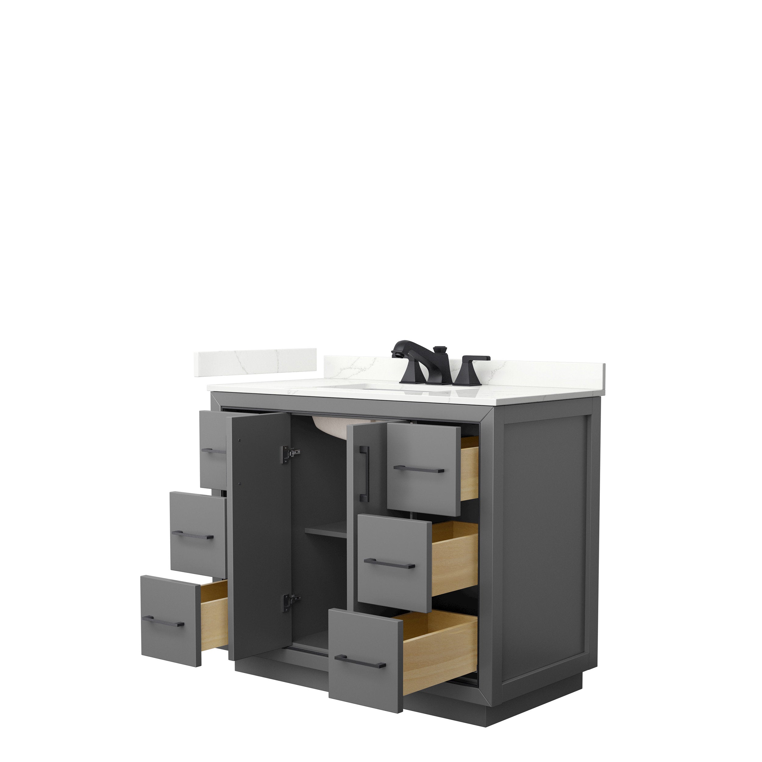 Modern 42-inch gray solid wood bathroom vanity with white stone top and single integrated sink, matte-black faucet, multiple open drawers revealing natural wood interiors and a central cabinet with shelf.