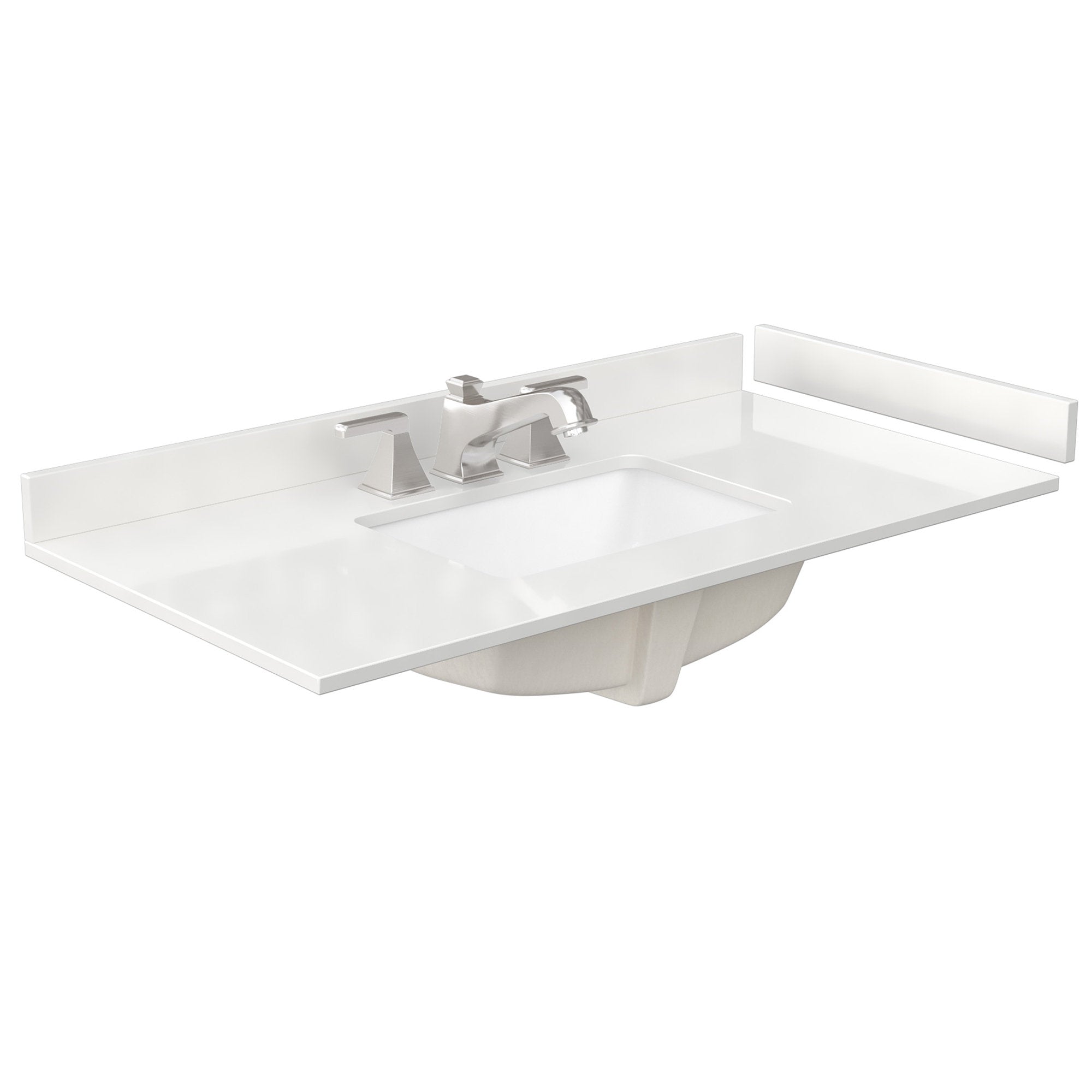 Stone-colored 42-inch vanity top with integrated rectangular undermount sink, short backsplash and side splash, paired with a brushed-nickel two-handle faucet.