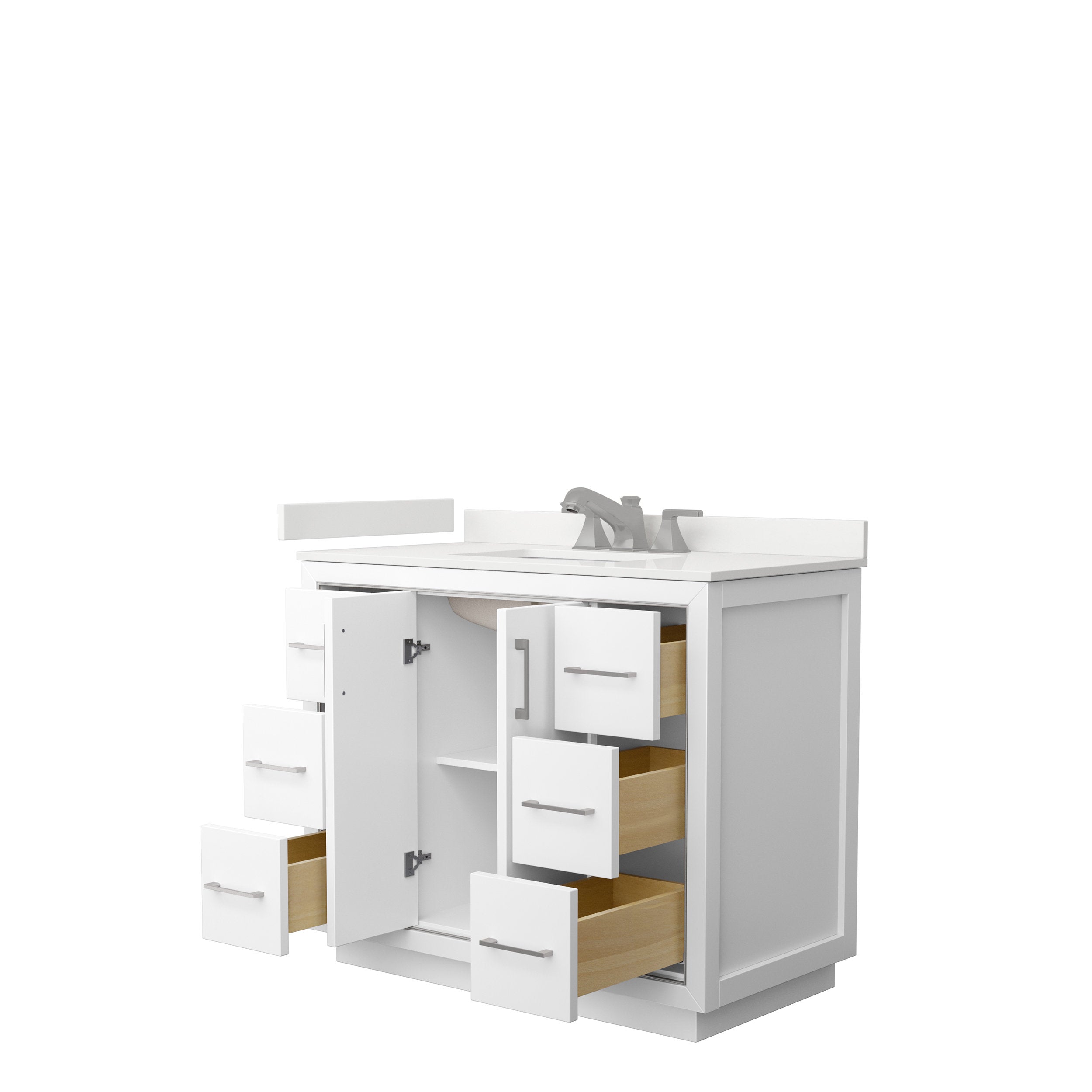 White modern 42-inch solid wood bathroom vanity with stone countertop and integrated single sink, brushed nickel faucet, center cabinet open to show shelf and drain, and six open drawers with natural wood interiors and silver bar pulls.