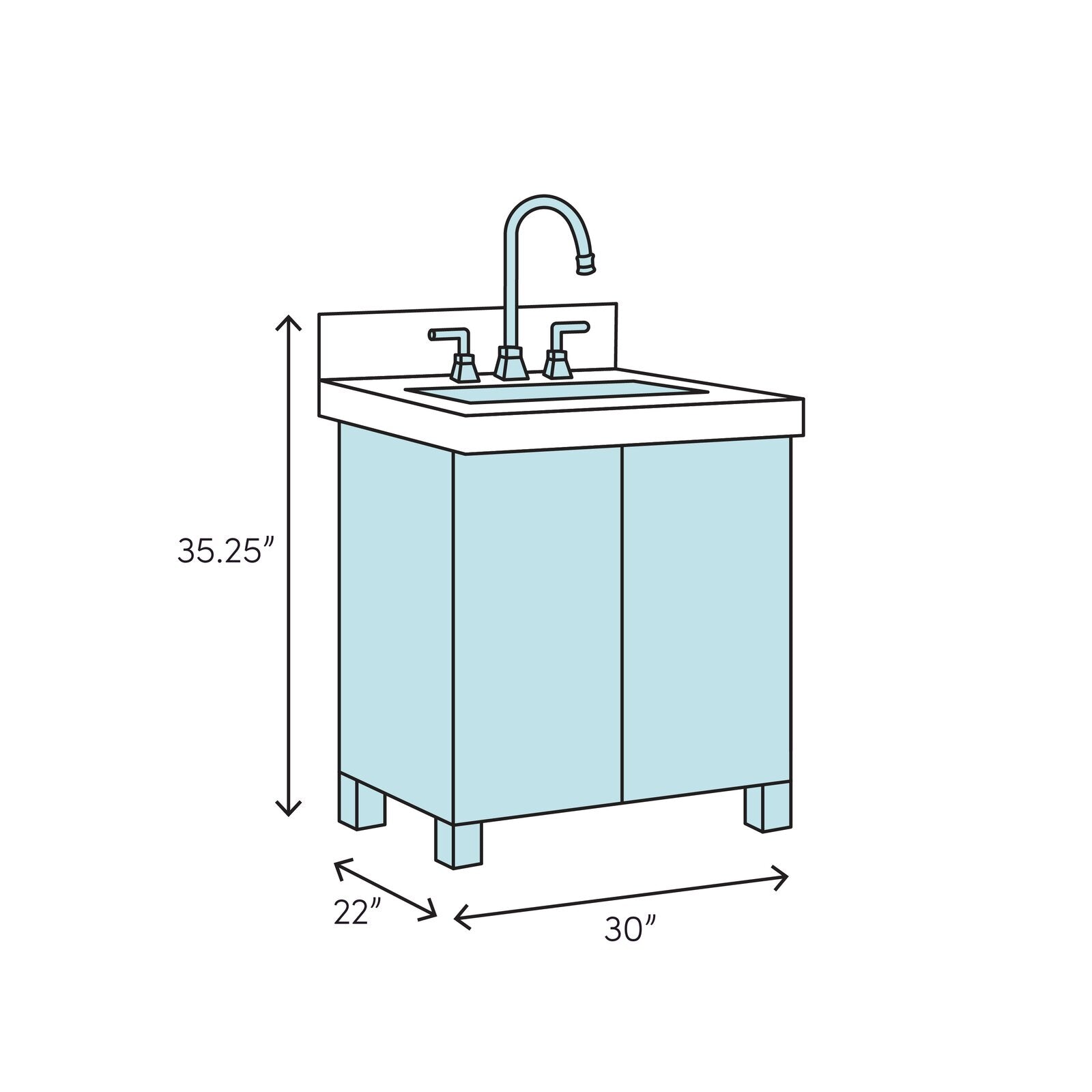 Line drawing of a modern 30 in single-sink bathroom vanity with a stone top and backsplash, wooden two-door freestanding base on legs and faucet; dimensions labeled 30 in W x 22 in D x 35.25 in H.