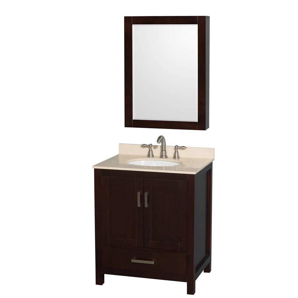 30-inch freestanding single-sink bathroom vanity in dark solid wood with a beige stone countertop, oval undermount ceramic sink, brushed nickel widespread faucet, two-door cabinet with bottom drawer and matching framed mirror.