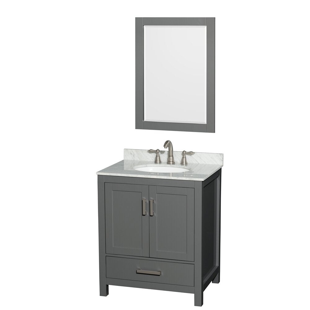 Modern gray solid wood bathroom vanity with marble-look stone countertop, white undermount ceramic sink, brushed nickel faucet, two shaker cabinet doors, lower drawer and matching rectangular framed mirror.