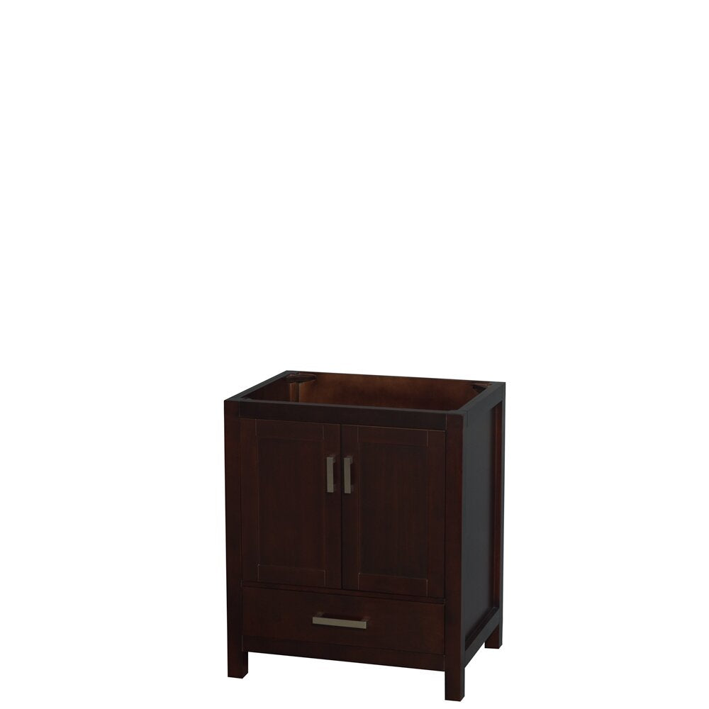 Contemporary solid wood 30-inch single-sink bathroom vanity base in stone finish, freestanding with two doors, a lower drawer and brushed metal handles, shown without countertop or sink.