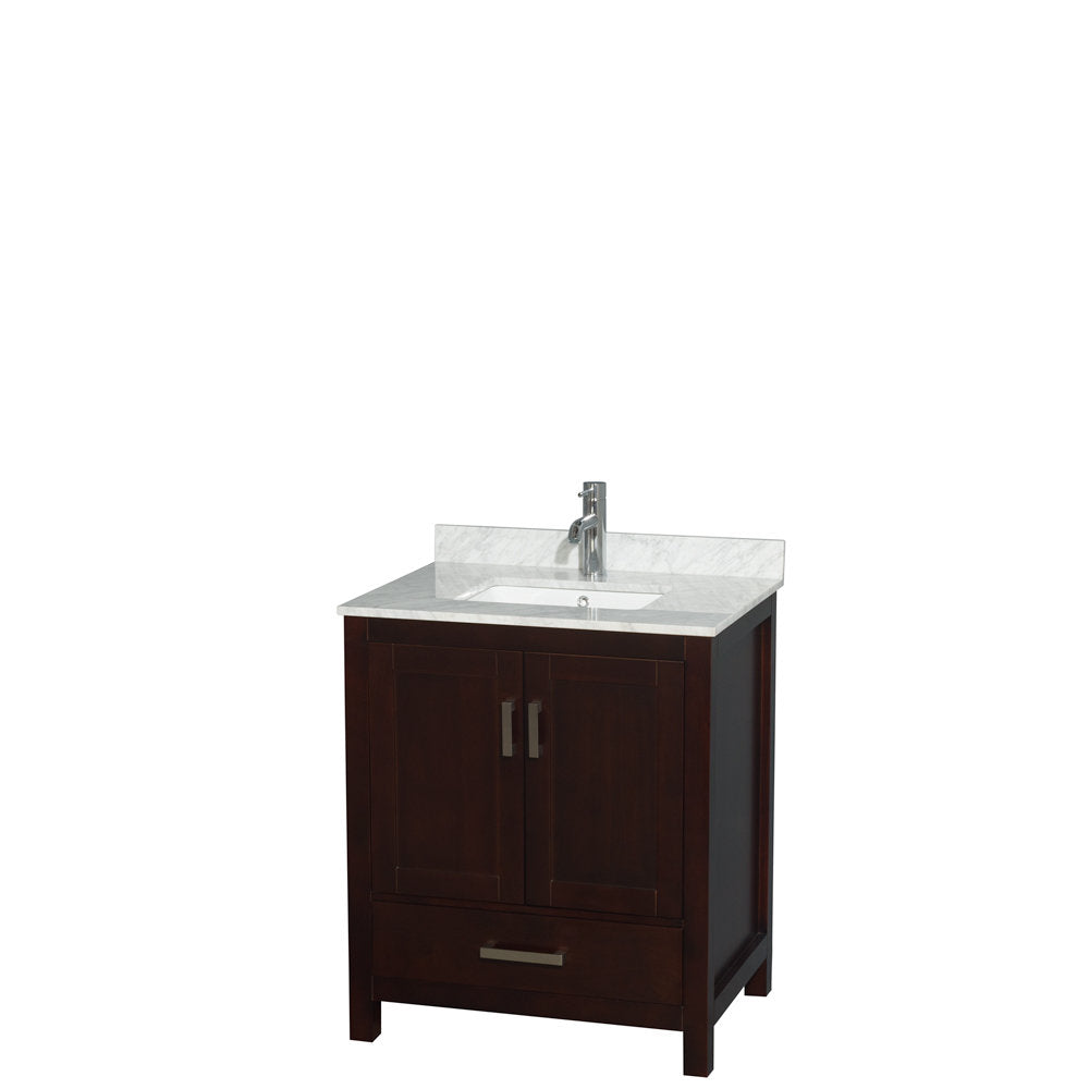30-inch freestanding solid wood bathroom vanity in dark wood finish with a white-gray stone countertop, integrated ceramic sink, chrome single-handle faucet, two cabinet doors and a bottom drawer in a modern contemporary style.