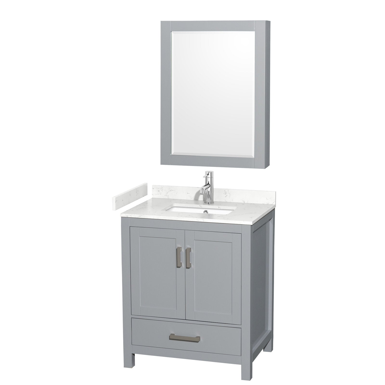 Modern gray solid-wood bathroom vanity with white stone countertop and integrated rectangular ceramic sink, chrome single-handle faucet, framed wall mirror, two-door cabinet and a bottom storage drawer.
