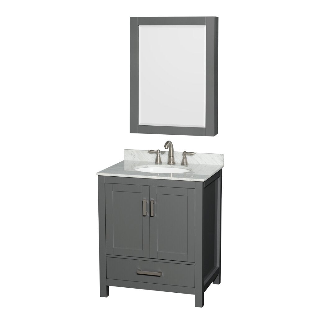 Contemporary freestanding gray solid-wood bathroom vanity with a stone countertop, integrated white ceramic sink, brushed-nickel faucet and hardware, shaker-style double doors, lower drawer and matching framed mirror.