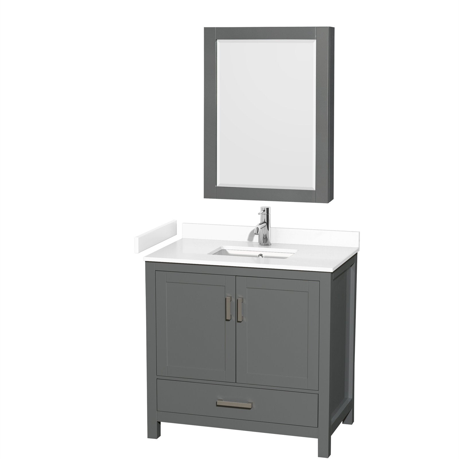 36-inch freestanding modern gray solid wood bathroom vanity with white stone countertop, integrated rectangular ceramic sink, chrome single-handle faucet, shaker-style double doors, bottom drawer and matching framed mirror cabinet.
