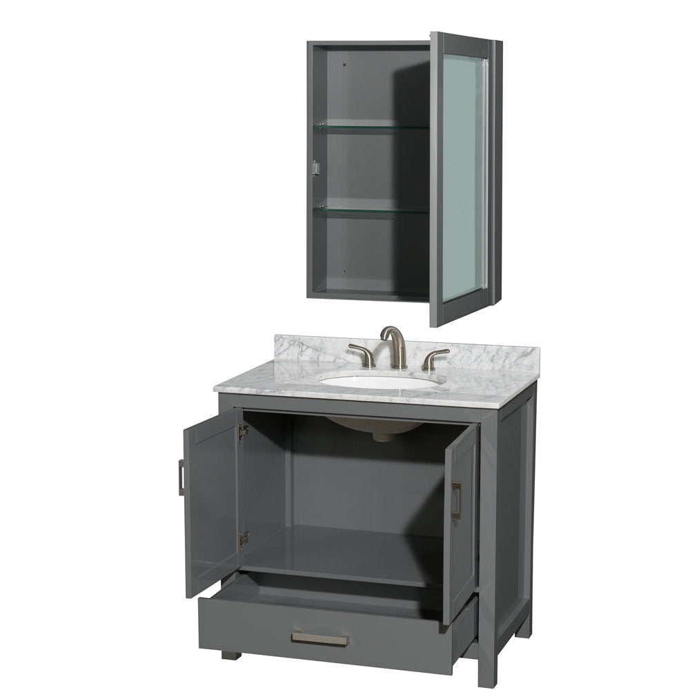 36-inch freestanding gray solid wood bathroom vanity with stone countertop and integrated ceramic sink, brushed nickel faucet, open cabinet and bottom drawer, plus matching wall-mounted medicine cabinet with glass shelves.