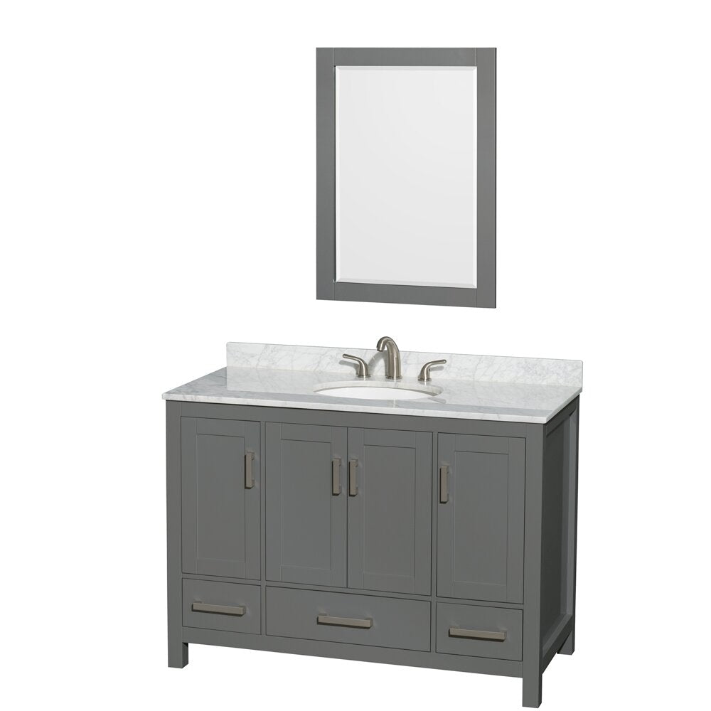 48-inch gray solid wood bathroom vanity with white Carrara marble top and backsplash, undermount ceramic sink, brushed nickel faucet and hardware, shaker-style cabinet doors, three lower drawers, and matching gray framed mirror.