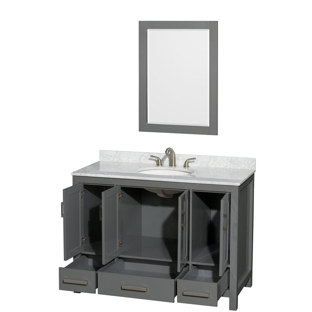 Contemporary gray solid-wood vanity with white marble countertop and undermount ceramic sink, brushed-nickel faucet and matching gray framed mirror above; cabinet doors and three drawers shown open to reveal storage.