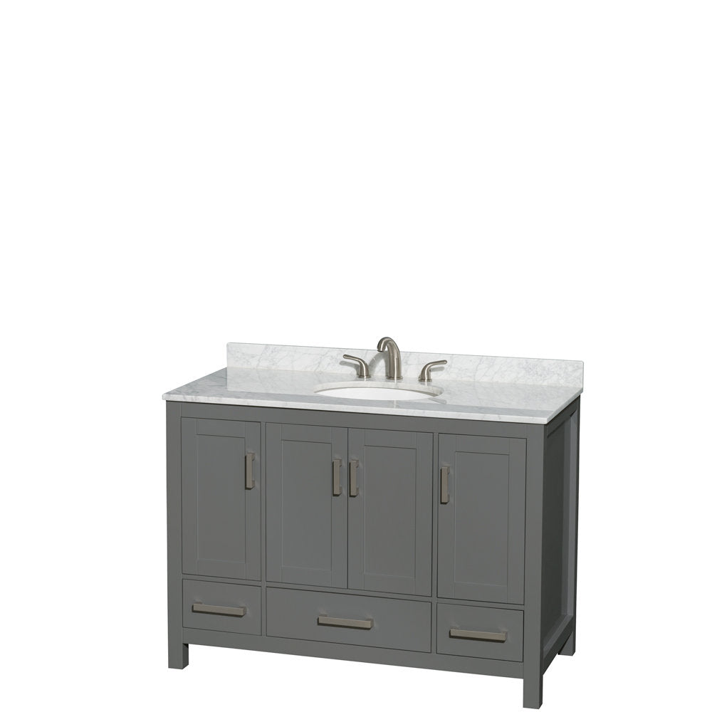 48-inch single-sink modern gray solid wood bathroom vanity with white marble top and backsplash, integrated white ceramic sink, and brushed nickel faucet and cabinet hardware.