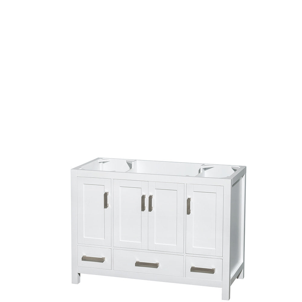 White 48-inch solid wood bathroom vanity base with shaker-style cabinet doors, three lower drawers, brushed metal pulls and pre-cut countertop openings for a single sink, shown without countertop.