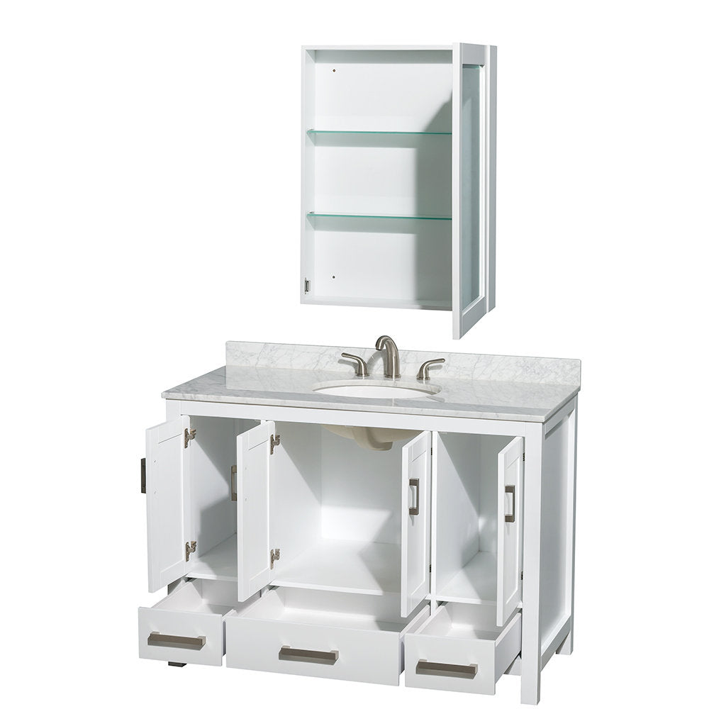 48-inch white wood bathroom vanity with white marble countertop, undermount ceramic sink and brushed nickel faucet, three open cabinet doors and drawers showing storage, plus a matching white wall cabinet with glass shelves.