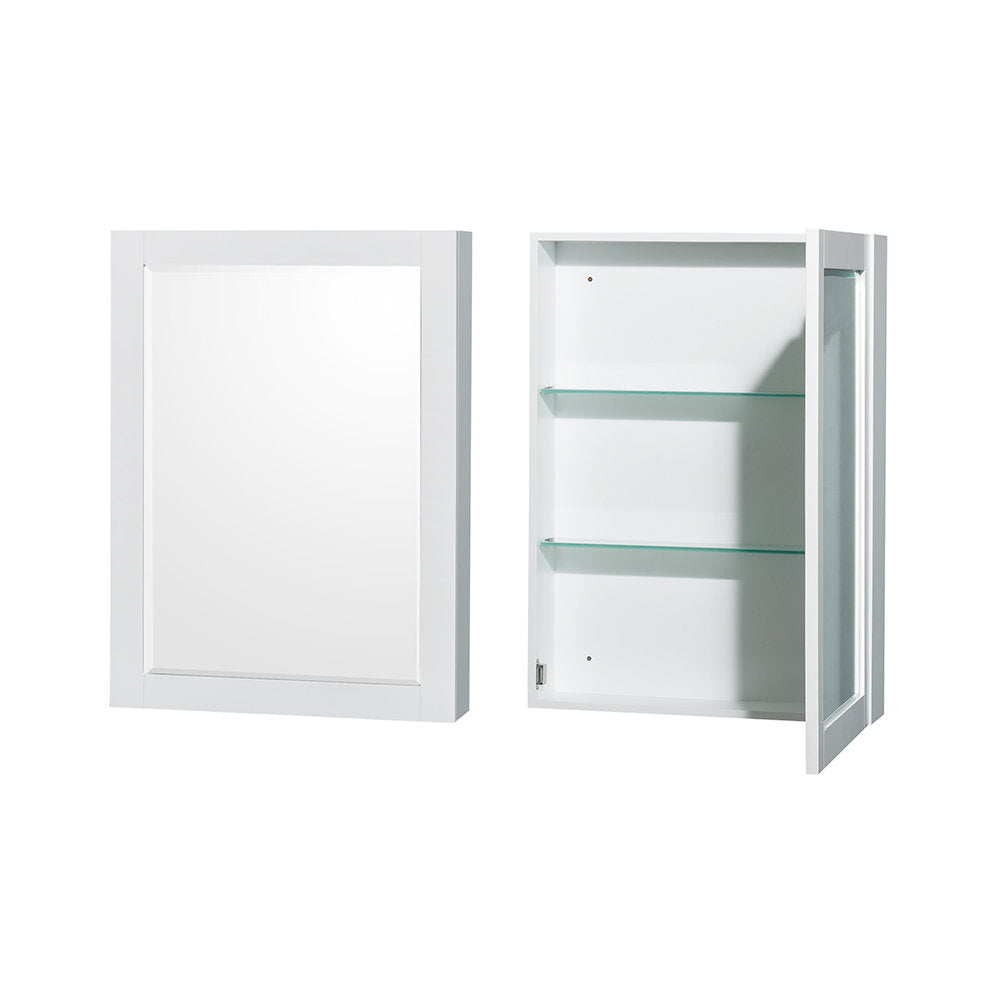 White framed mirrored medicine cabinet shown closed and open, revealing two glass shelves and interior storage behind a hinged mirrored door on a modern white wood frame.